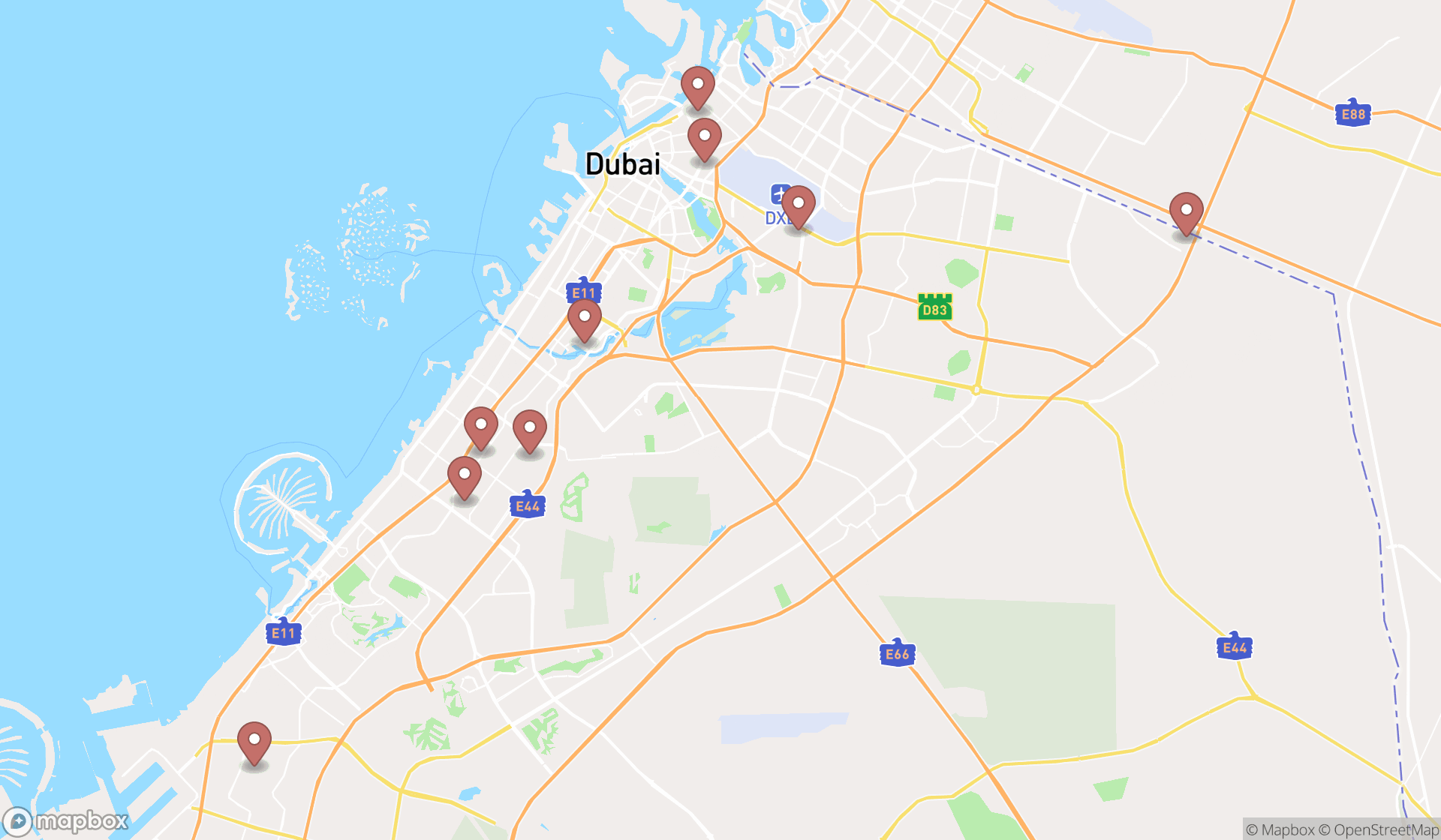 Map showing the search results in Dubai