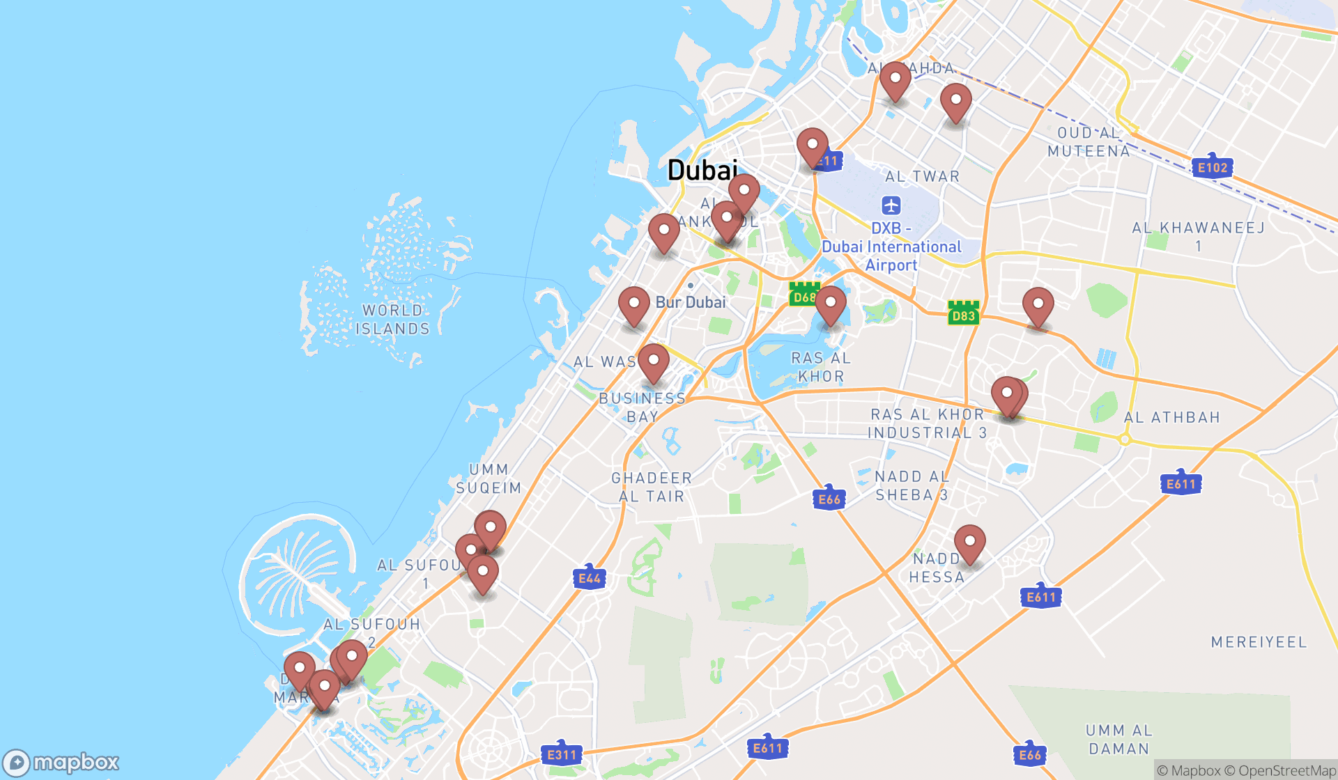 Map showing the search results in Dubai