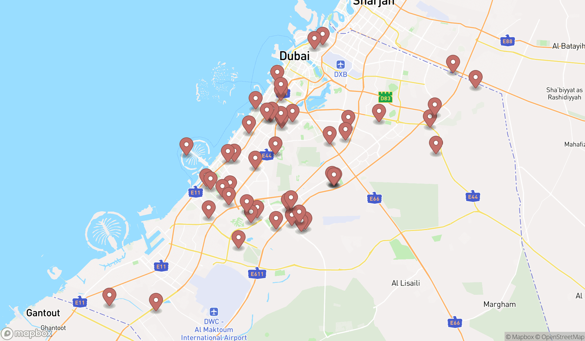 Map showing the search results in Dubai