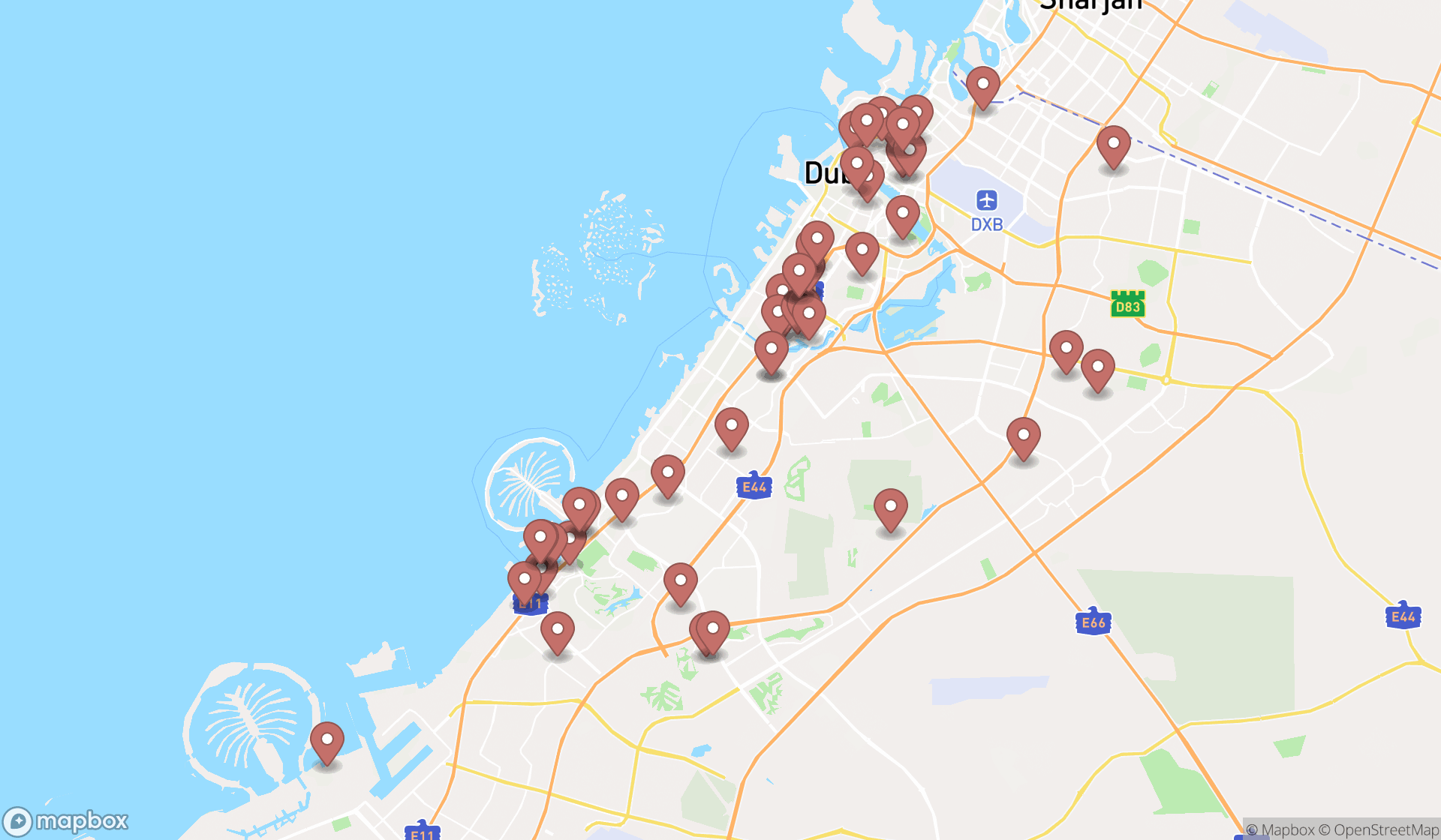 Map showing the search results in Dubai