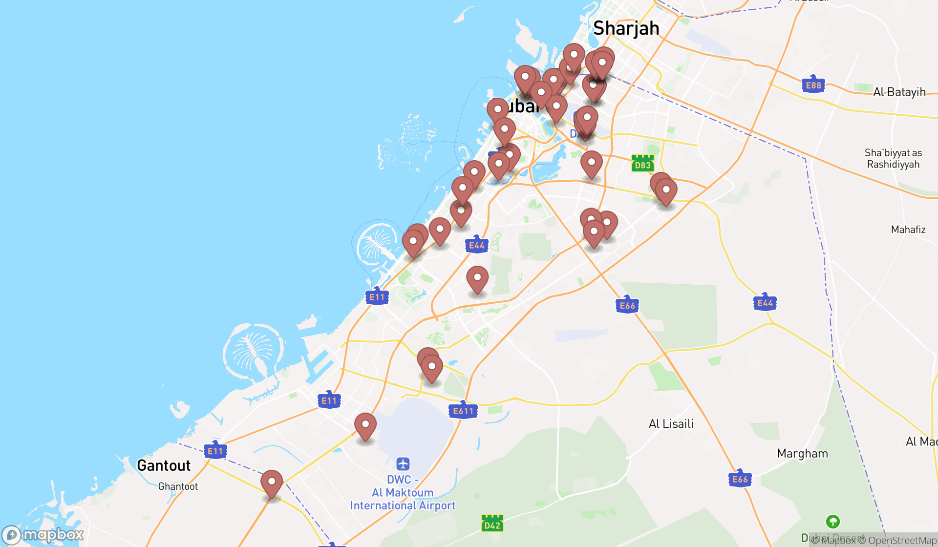 Map showing the search results in Dubai