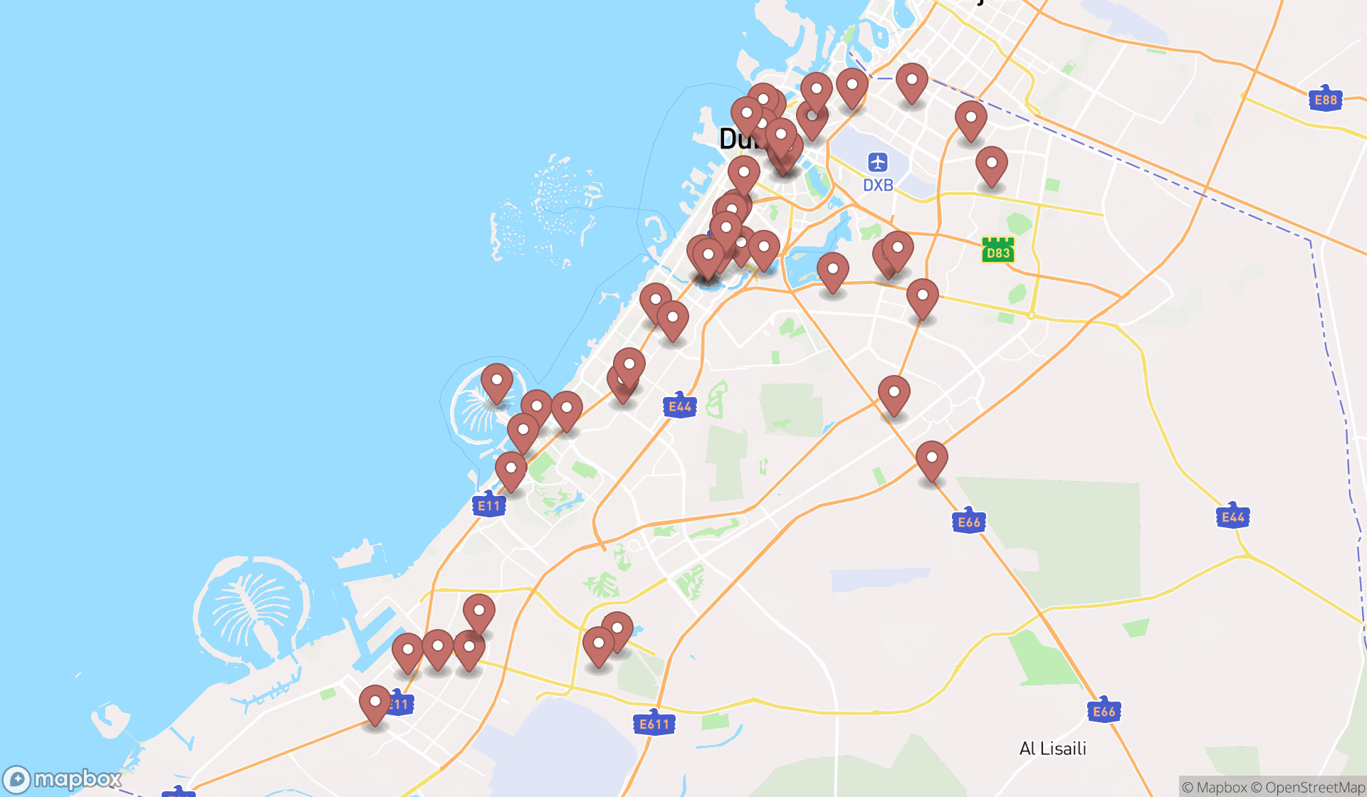 Map showing the search results in Dubai