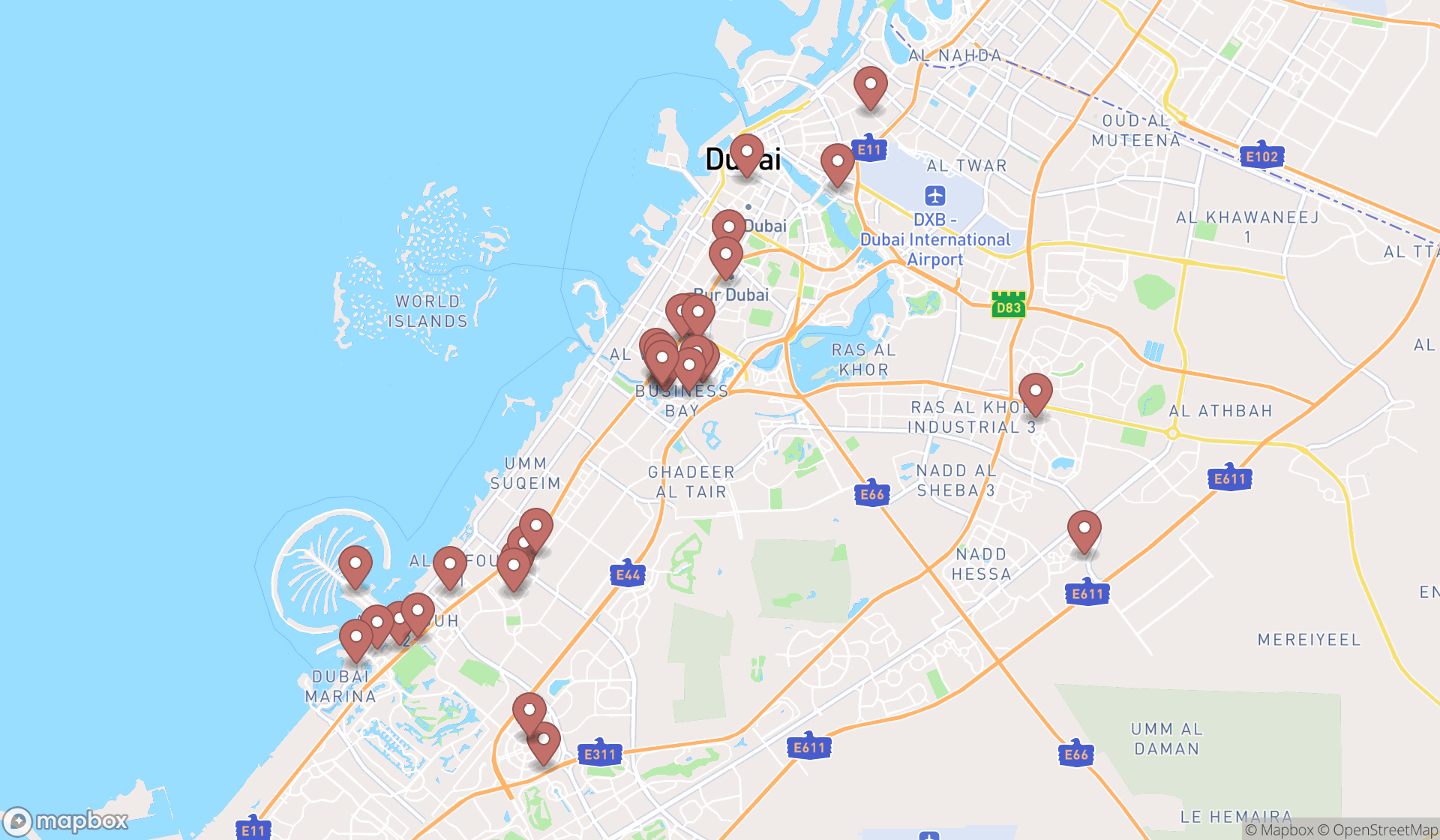 Map showing the search results in Dubai