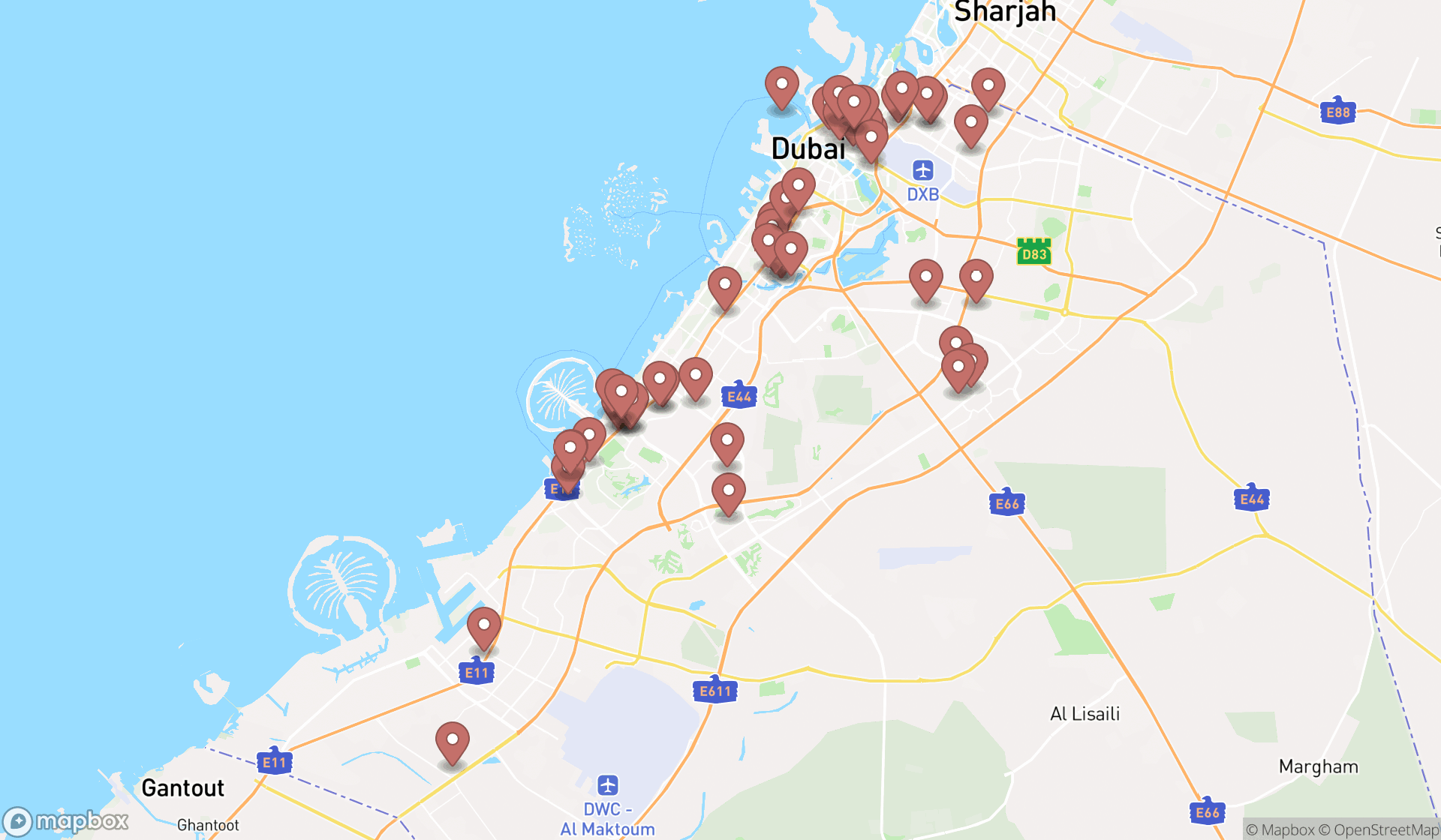 Map showing the search results in Dubai