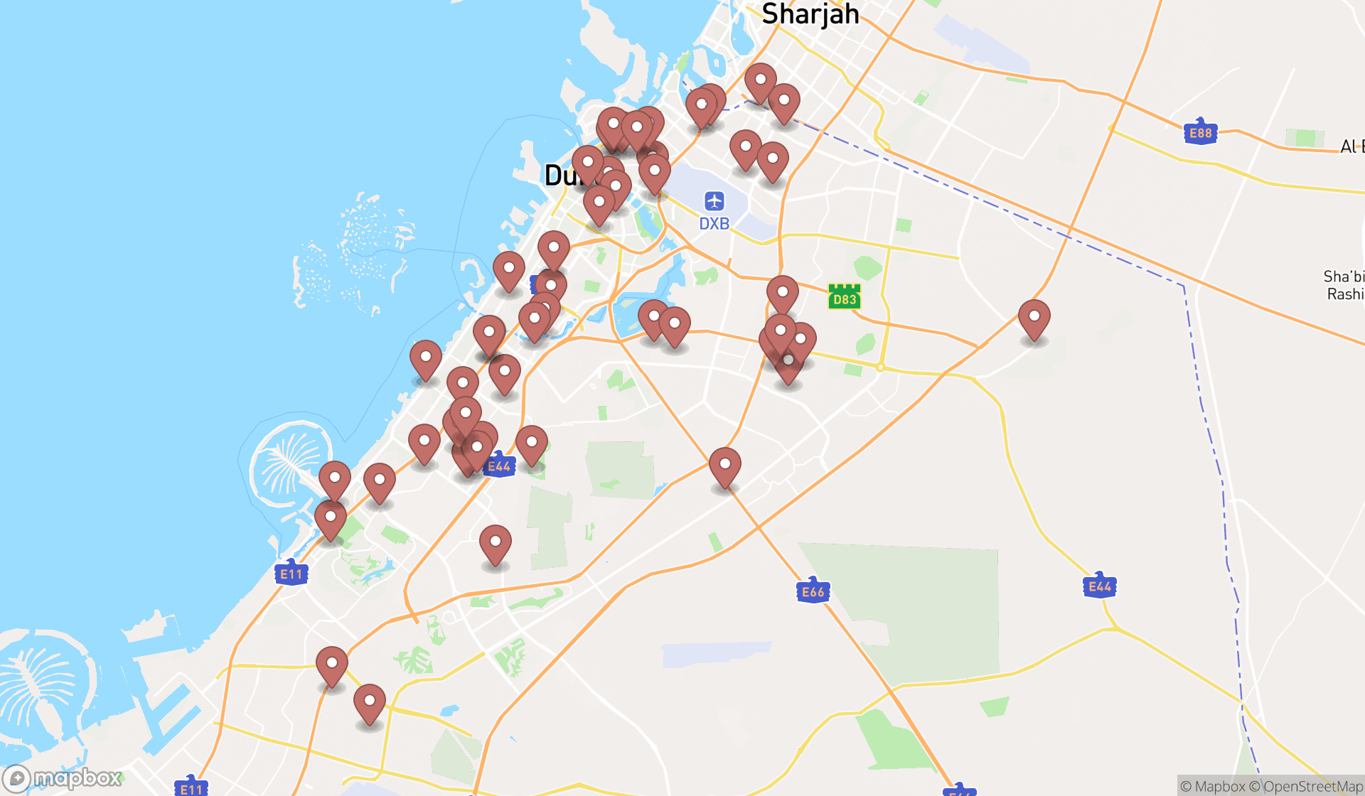 Map showing the search results in Dubai
