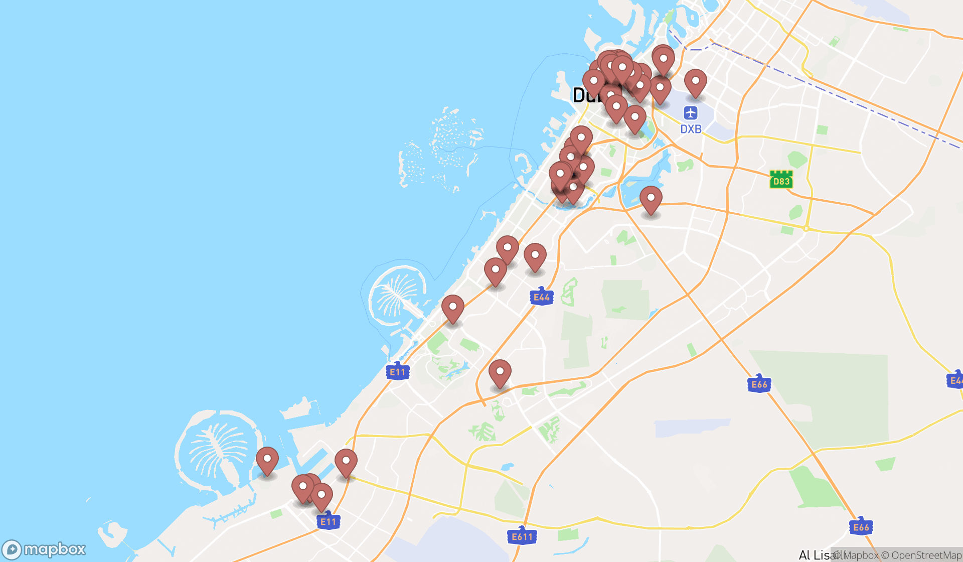 Map showing the search results in Dubai