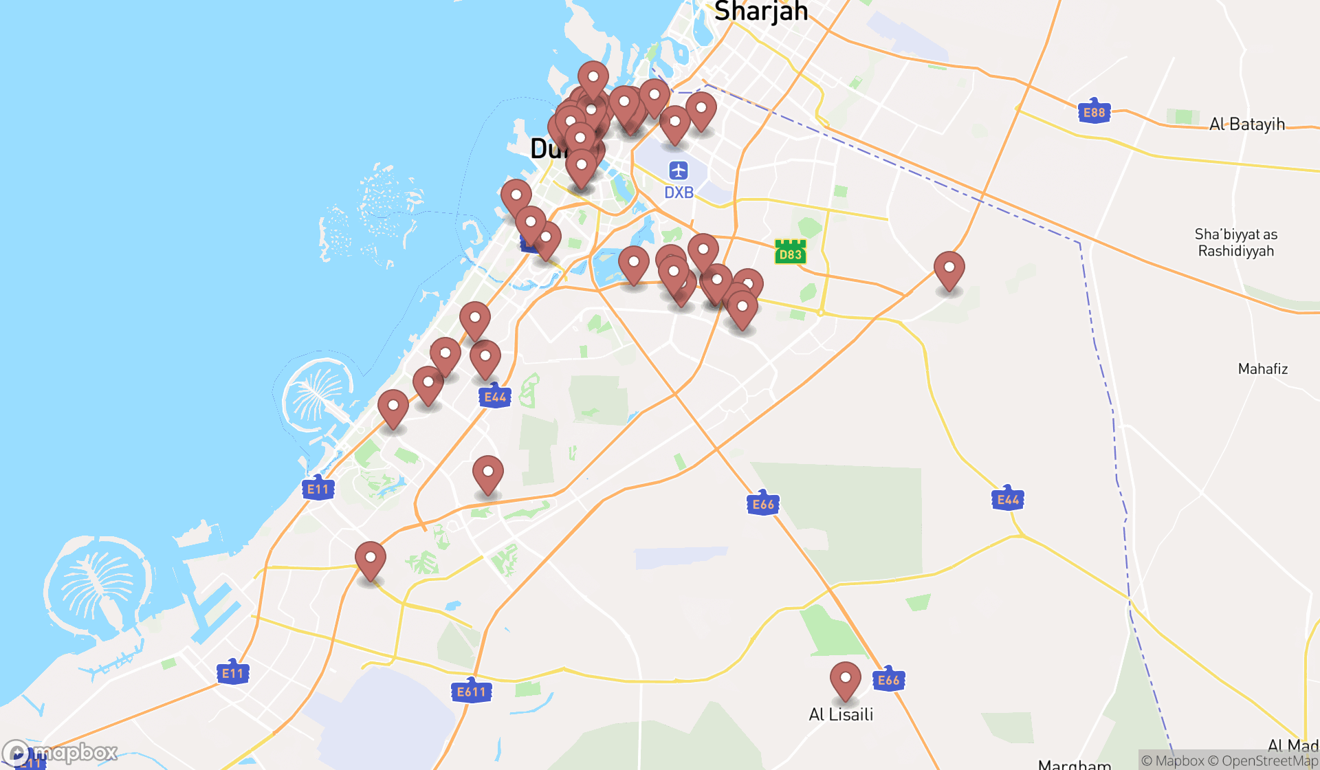 Map showing the search results in Dubai