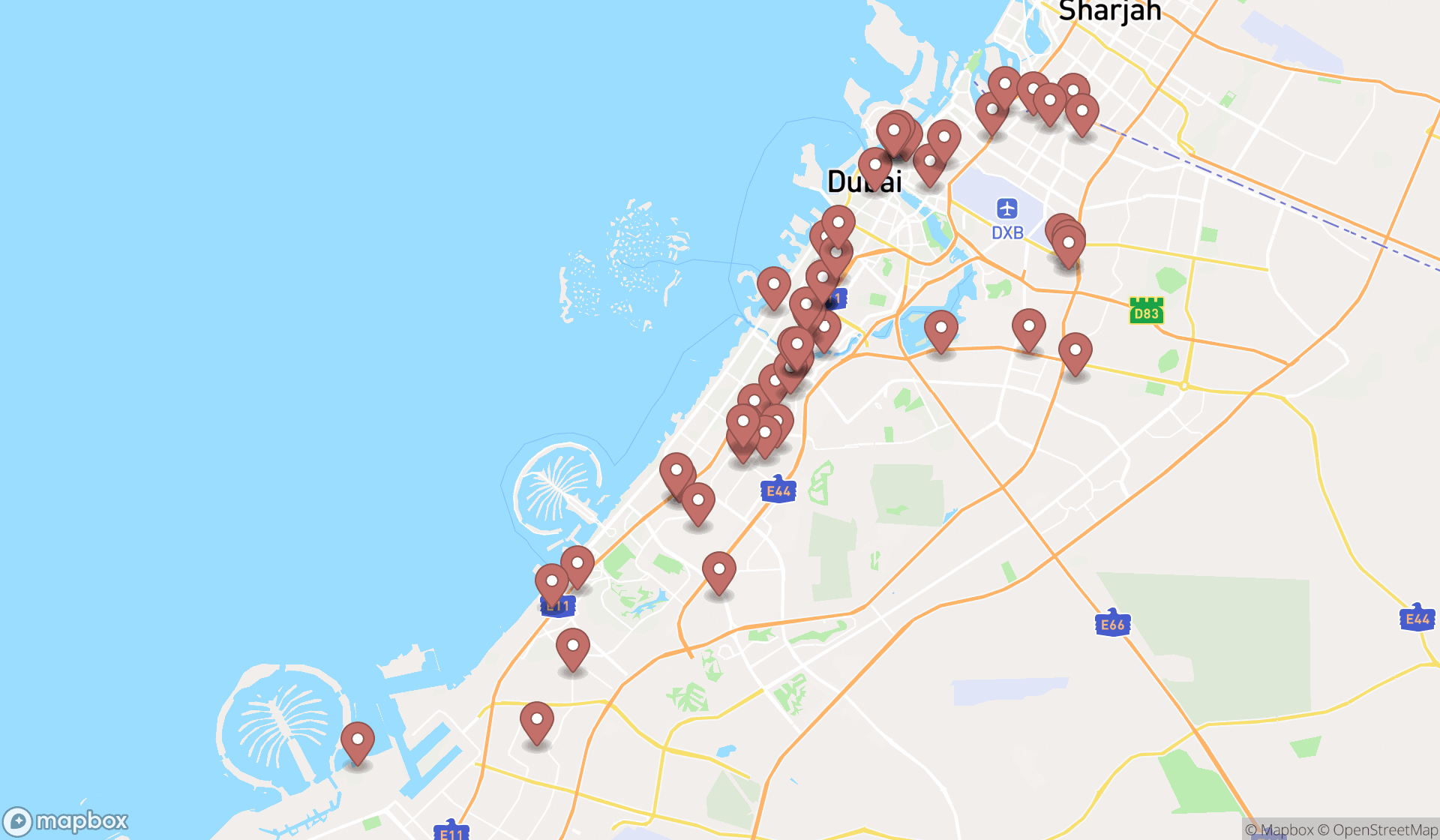 Map showing the search results in Dubai