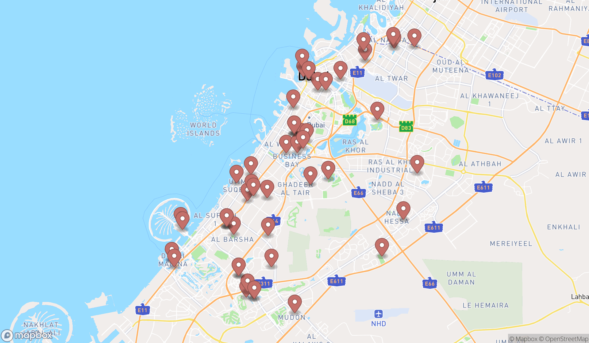 Map showing the search results in Dubai