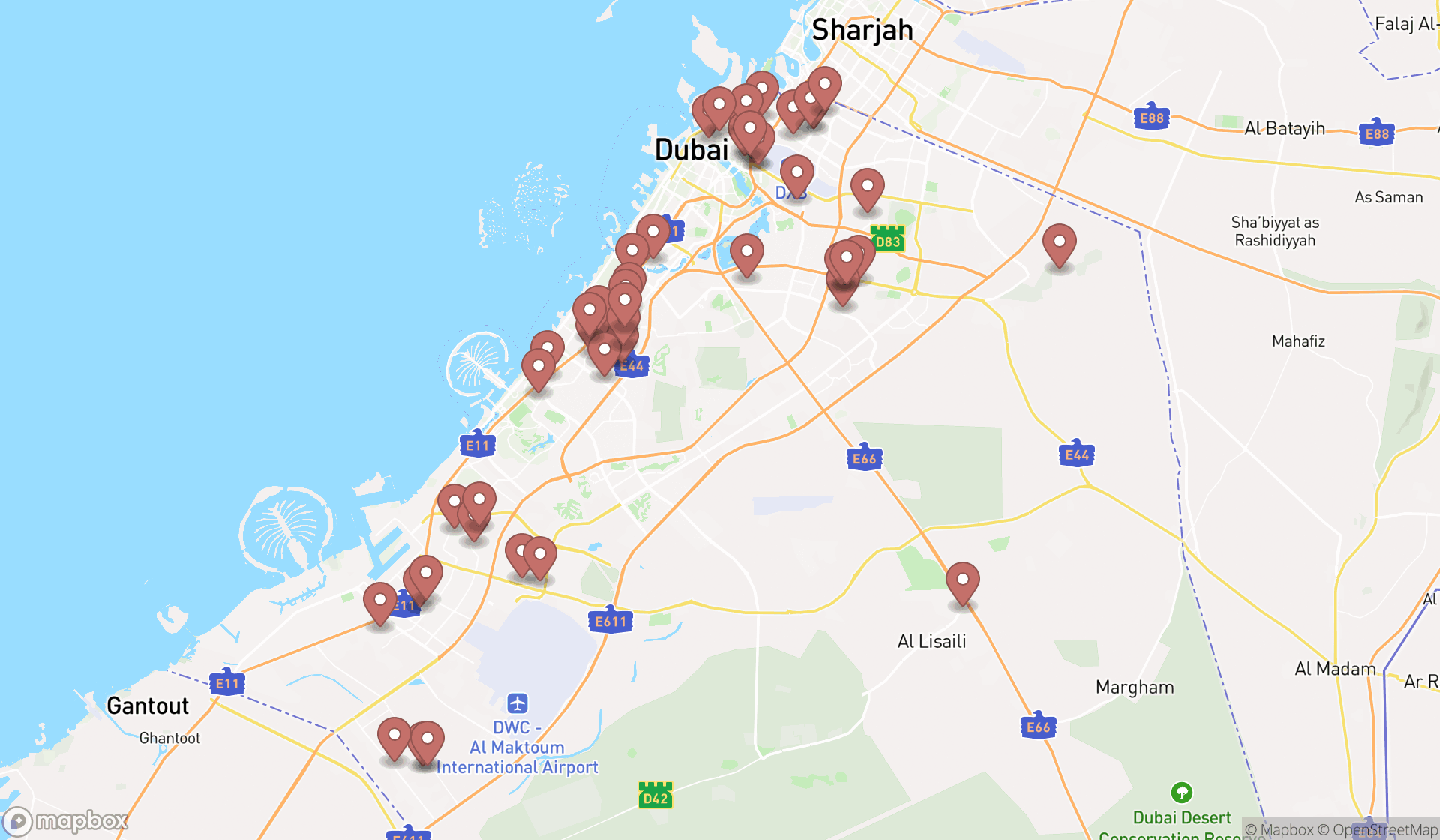 Map showing the search results in Dubai
