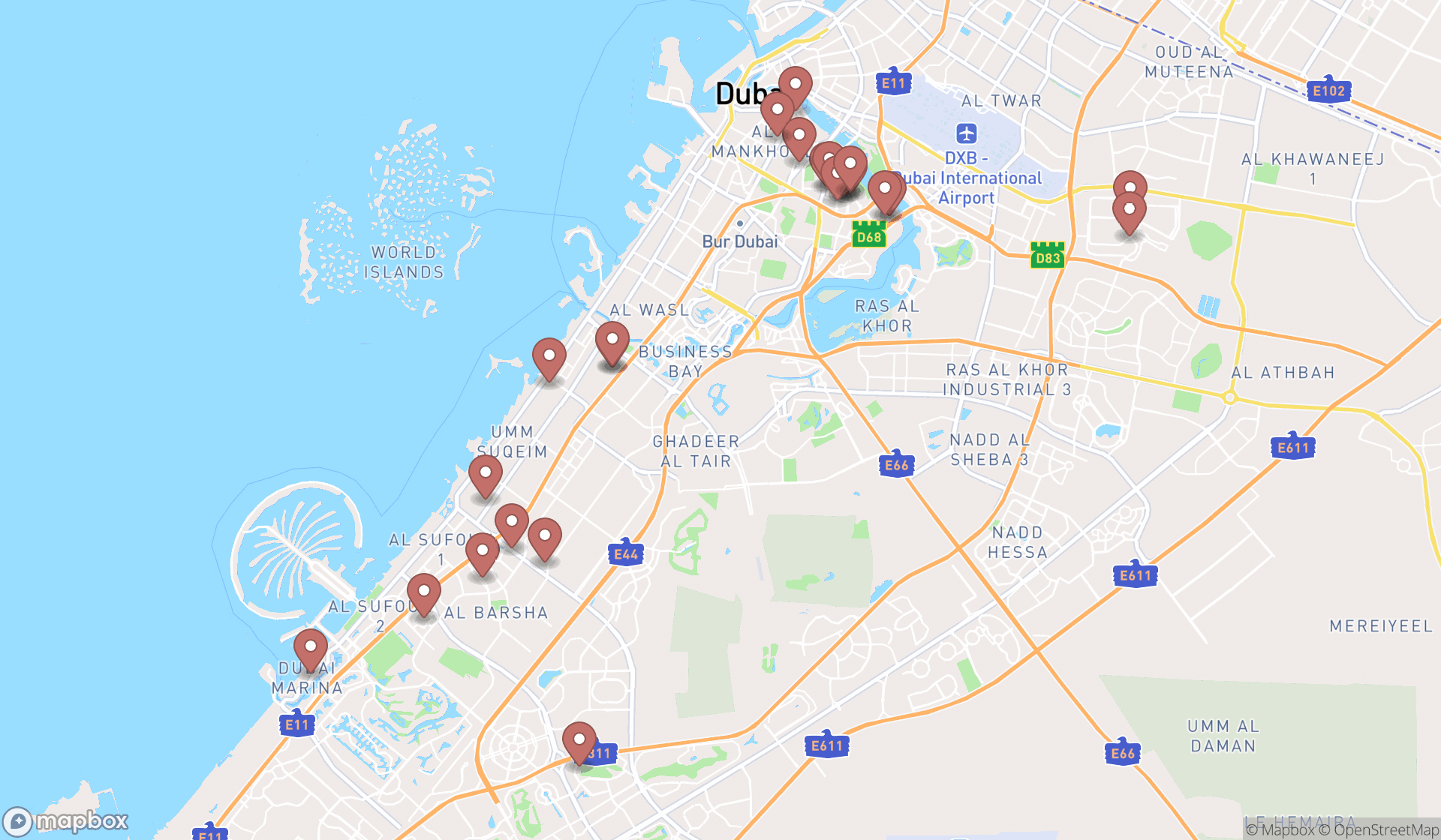 Map showing the search results in Dubai