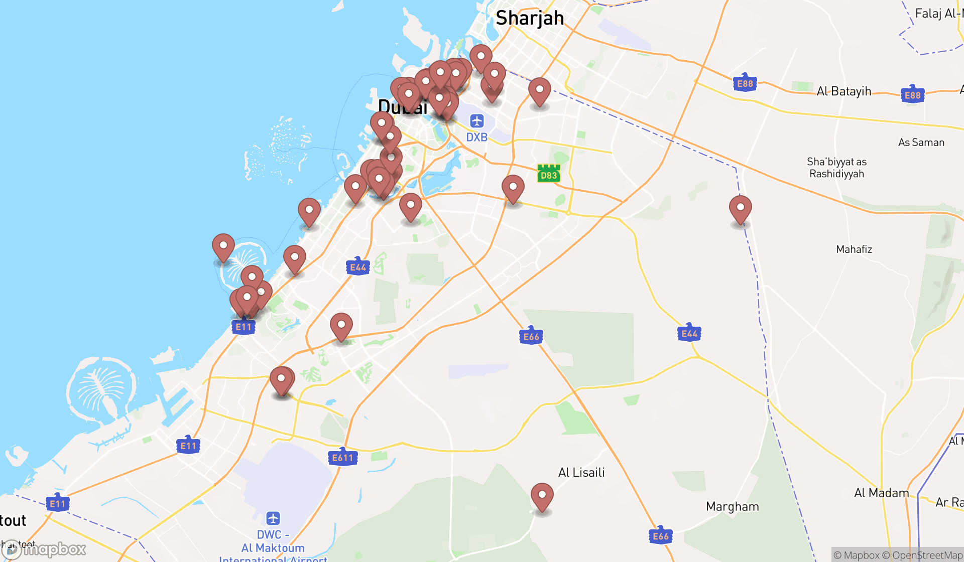 Map showing the search results in Dubai