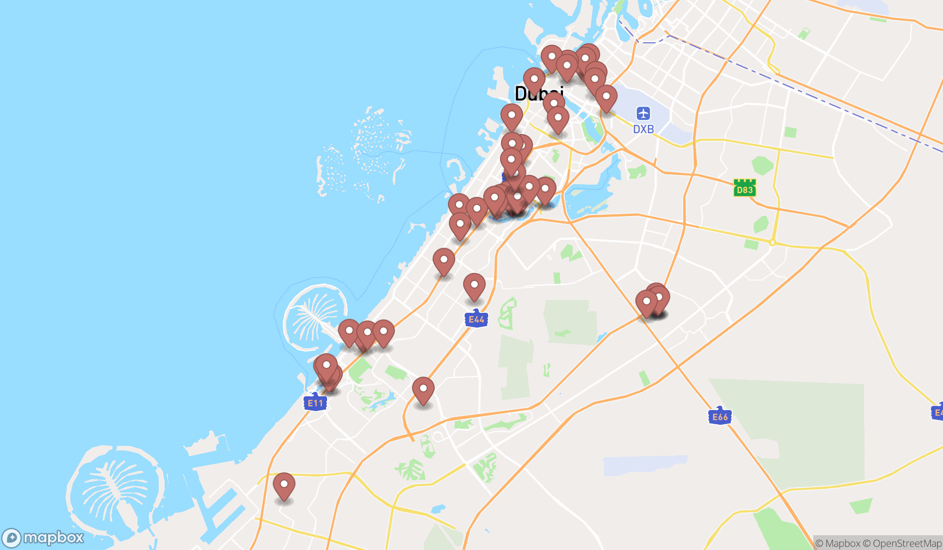 Map showing the search results in Dubai