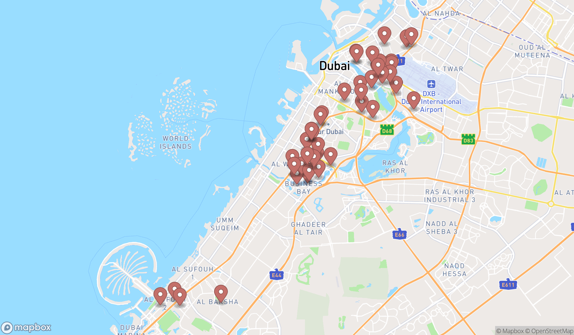 Map showing the search results in Dubai