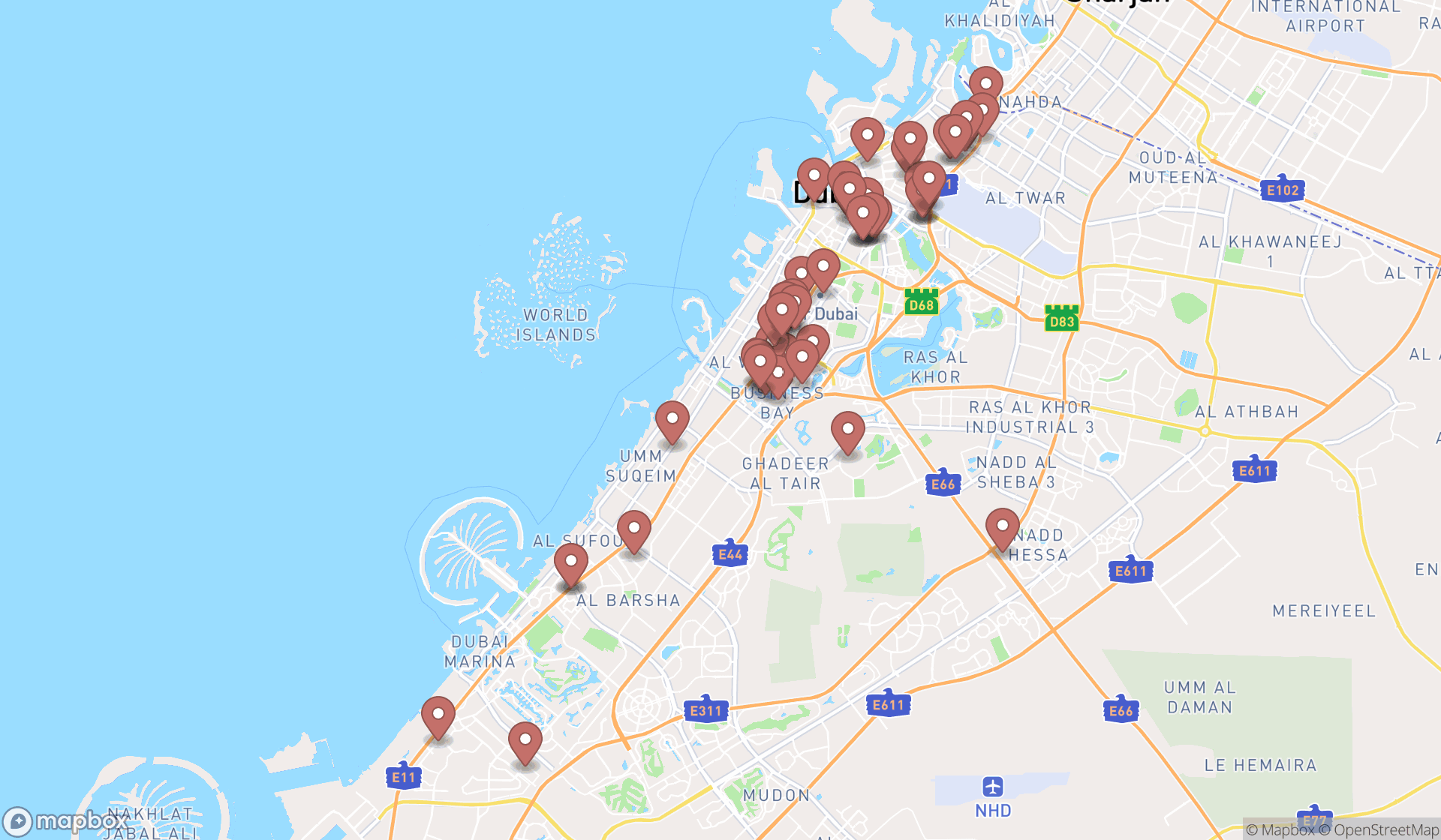Map showing the search results in Dubai