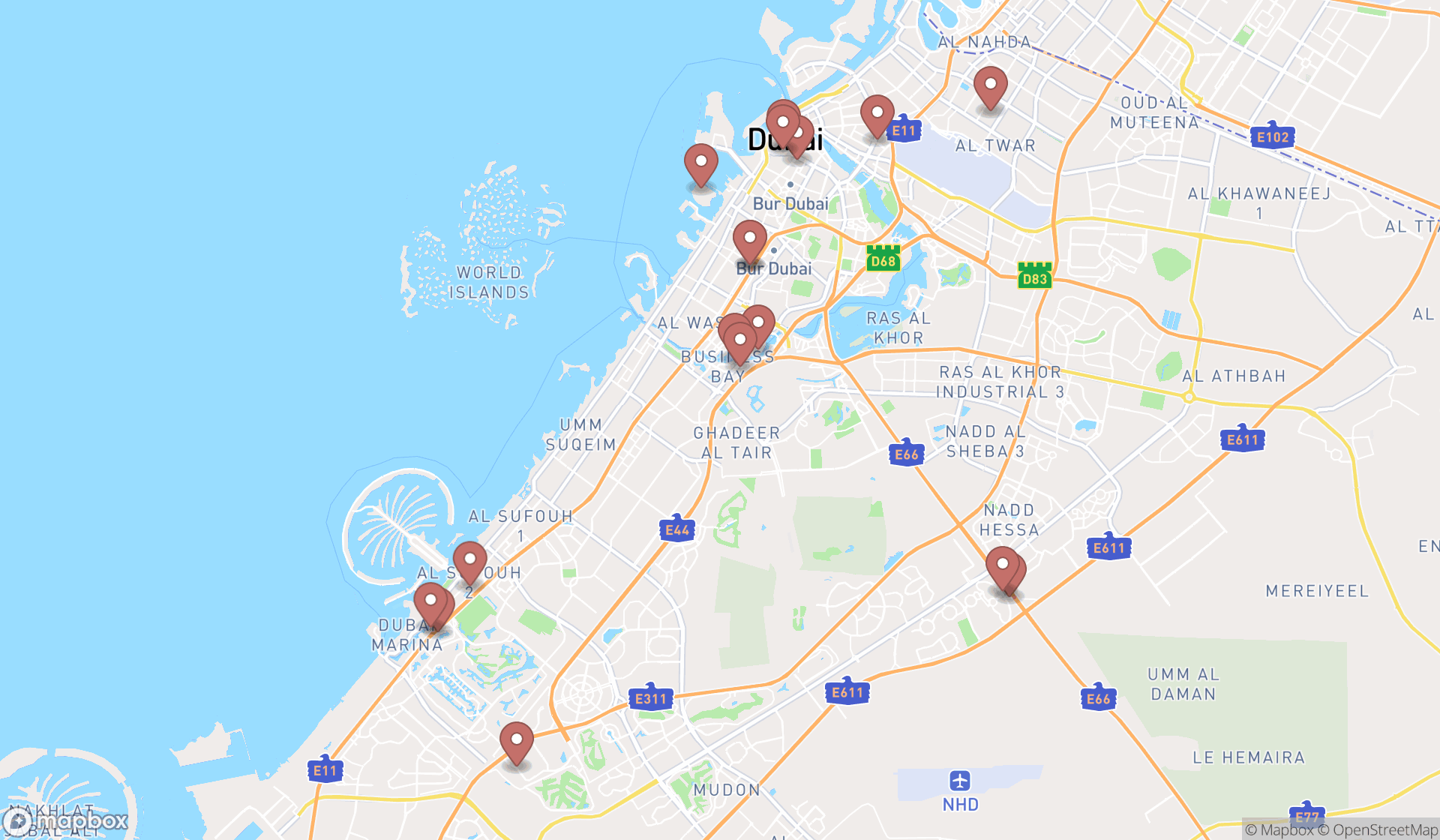 Map showing the search results in Dubai