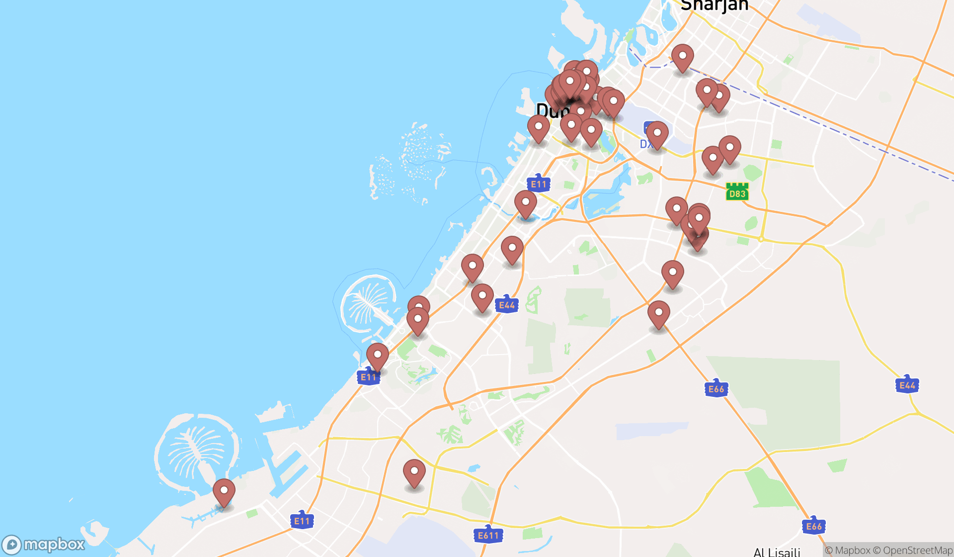 Map showing the search results in Dubai