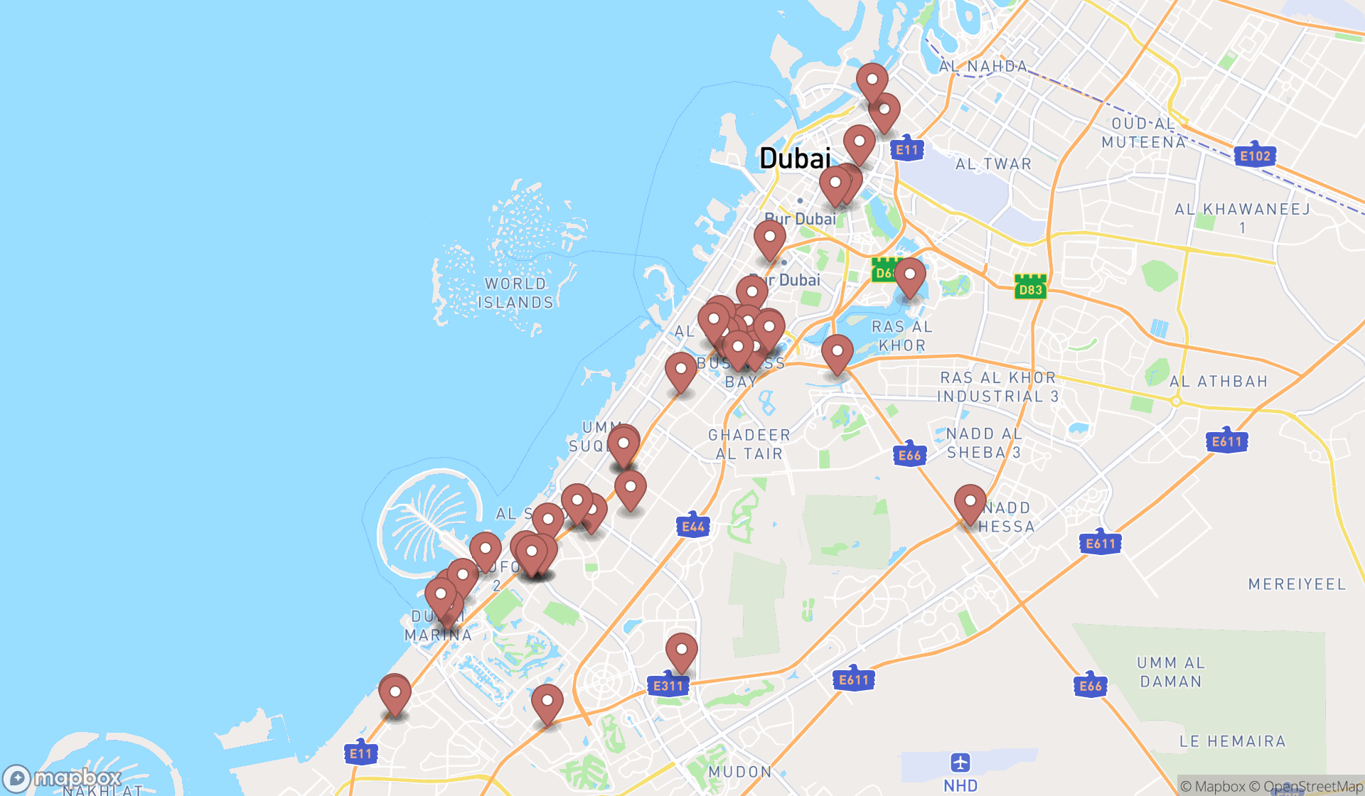 Map showing the search results in Dubai