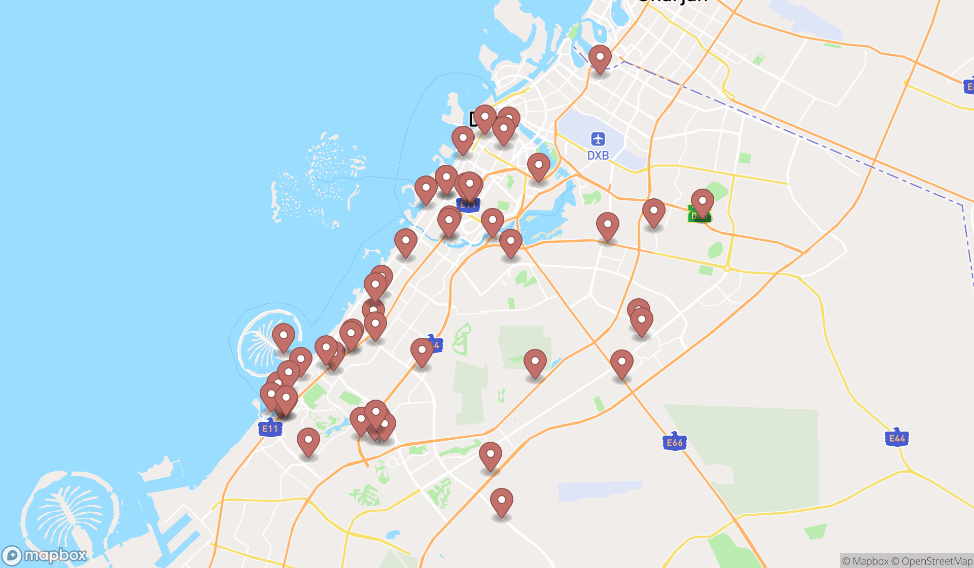 Map showing the search results in Dubai