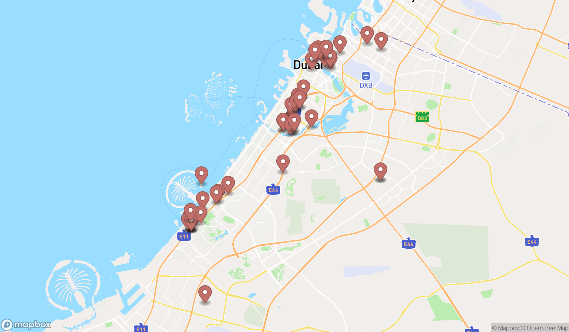 Map showing the search results in Dubai