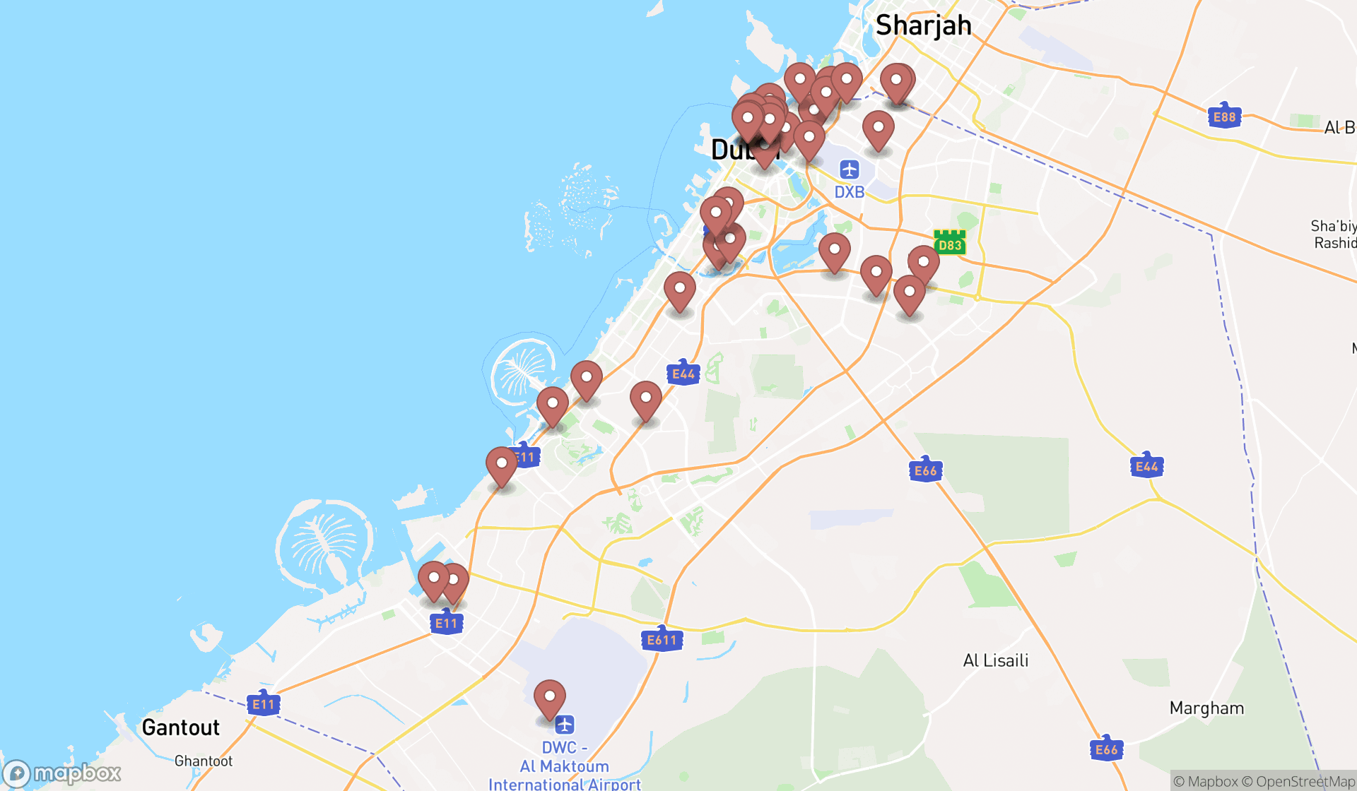 Map showing the search results in Dubai