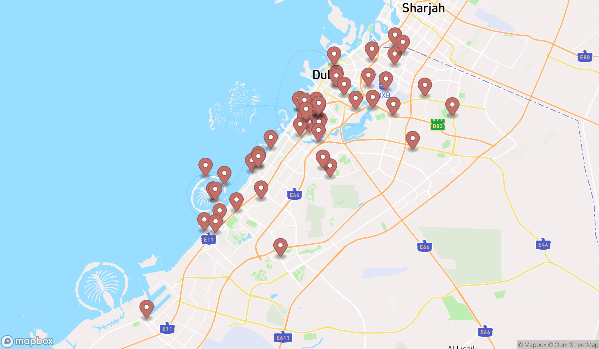 Map showing the search results in Dubai