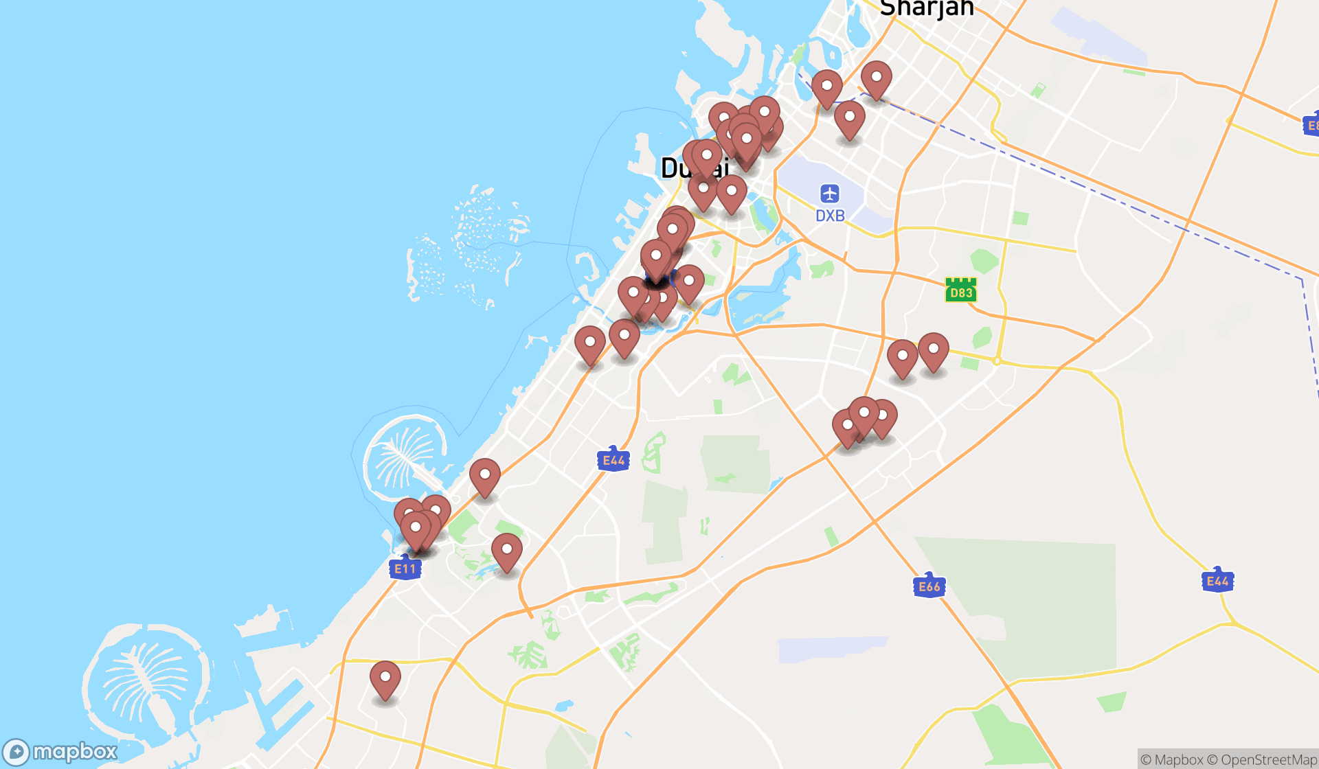 Map showing the search results in Dubai