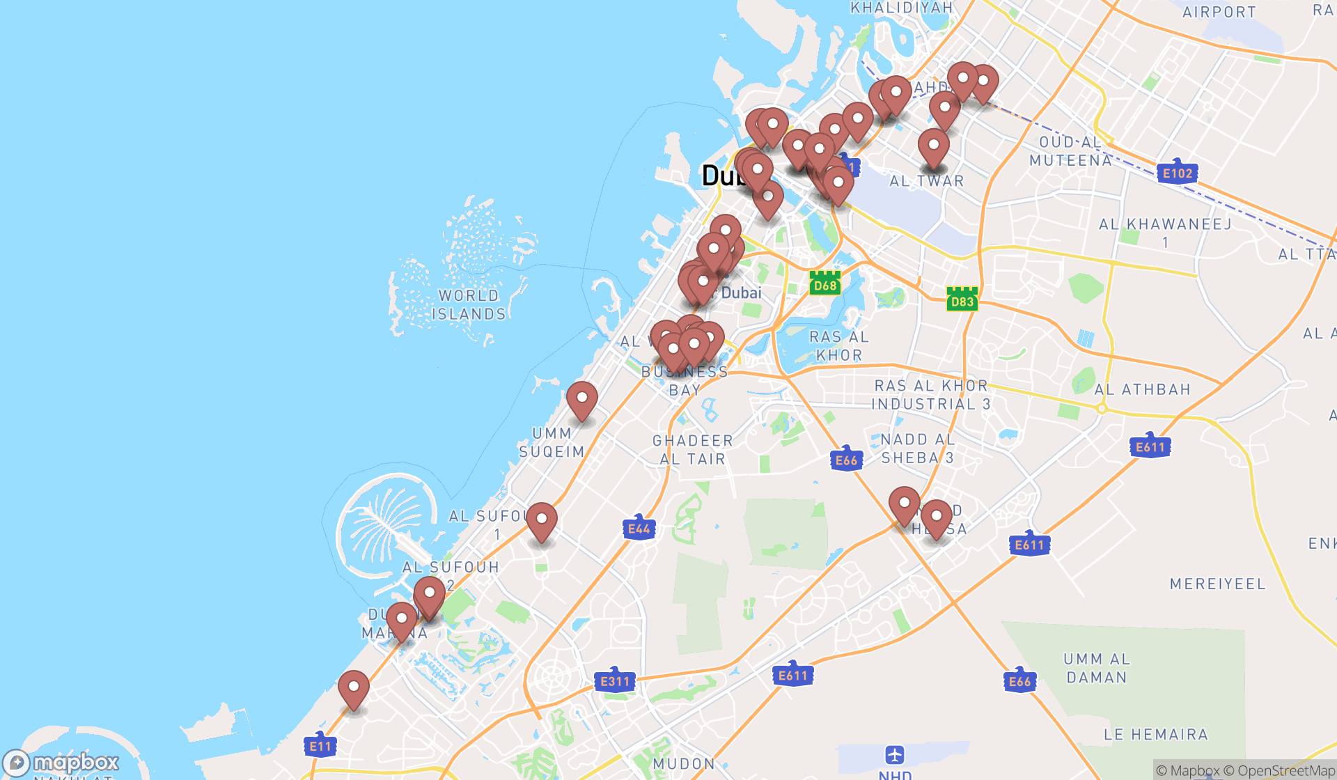 Map showing the search results in Dubai