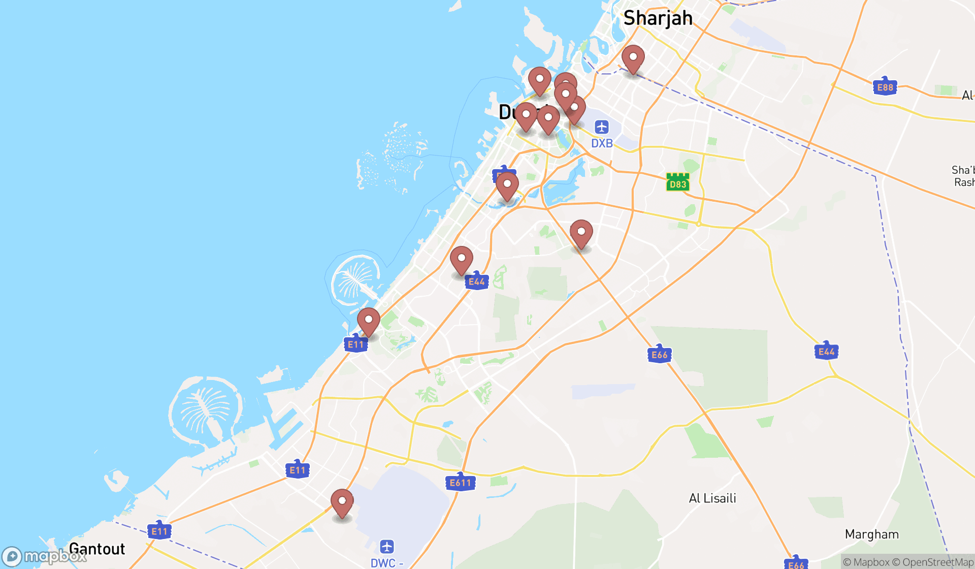 Map showing the search results in Dubai