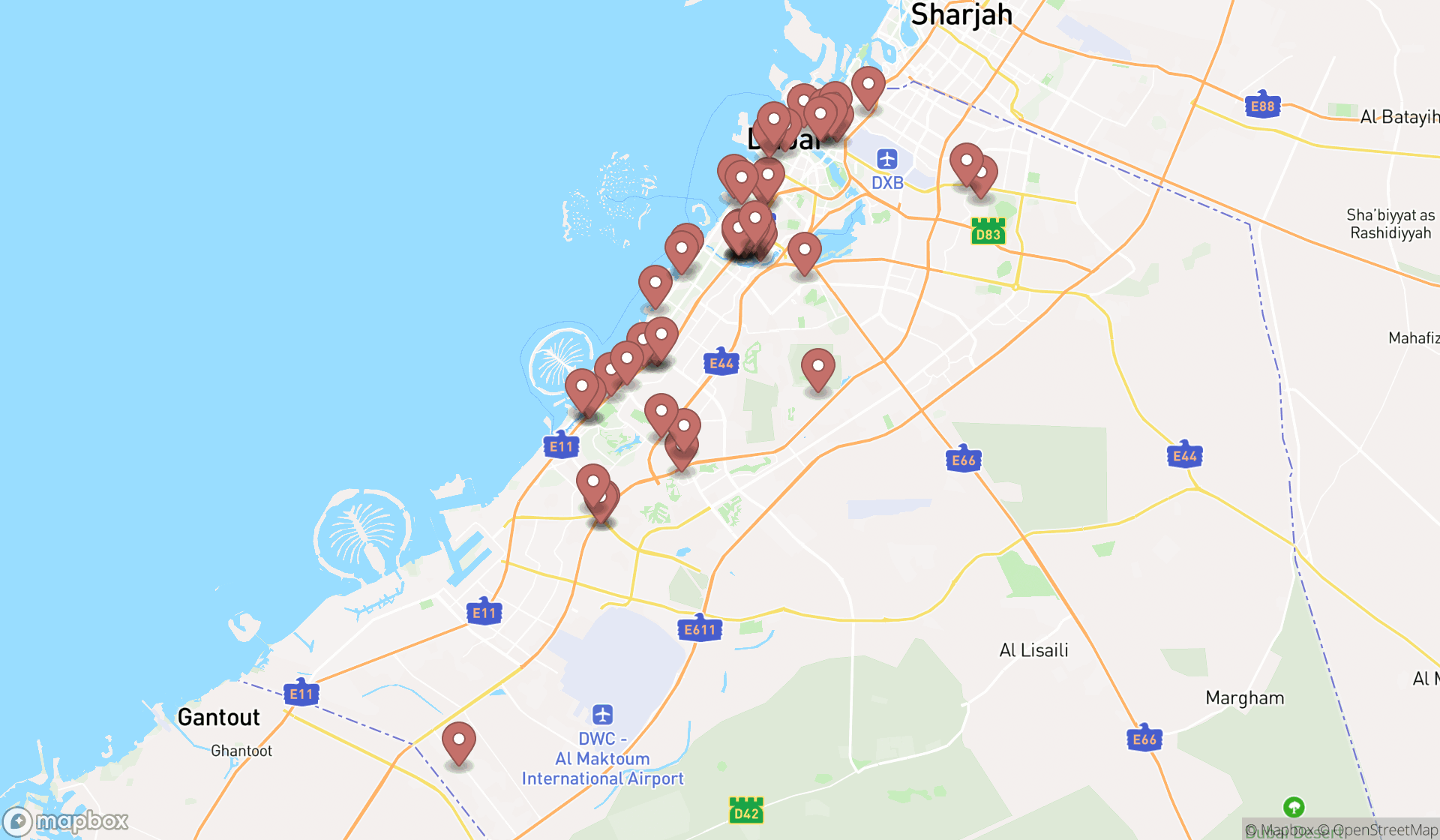 Map showing the search results in Dubai