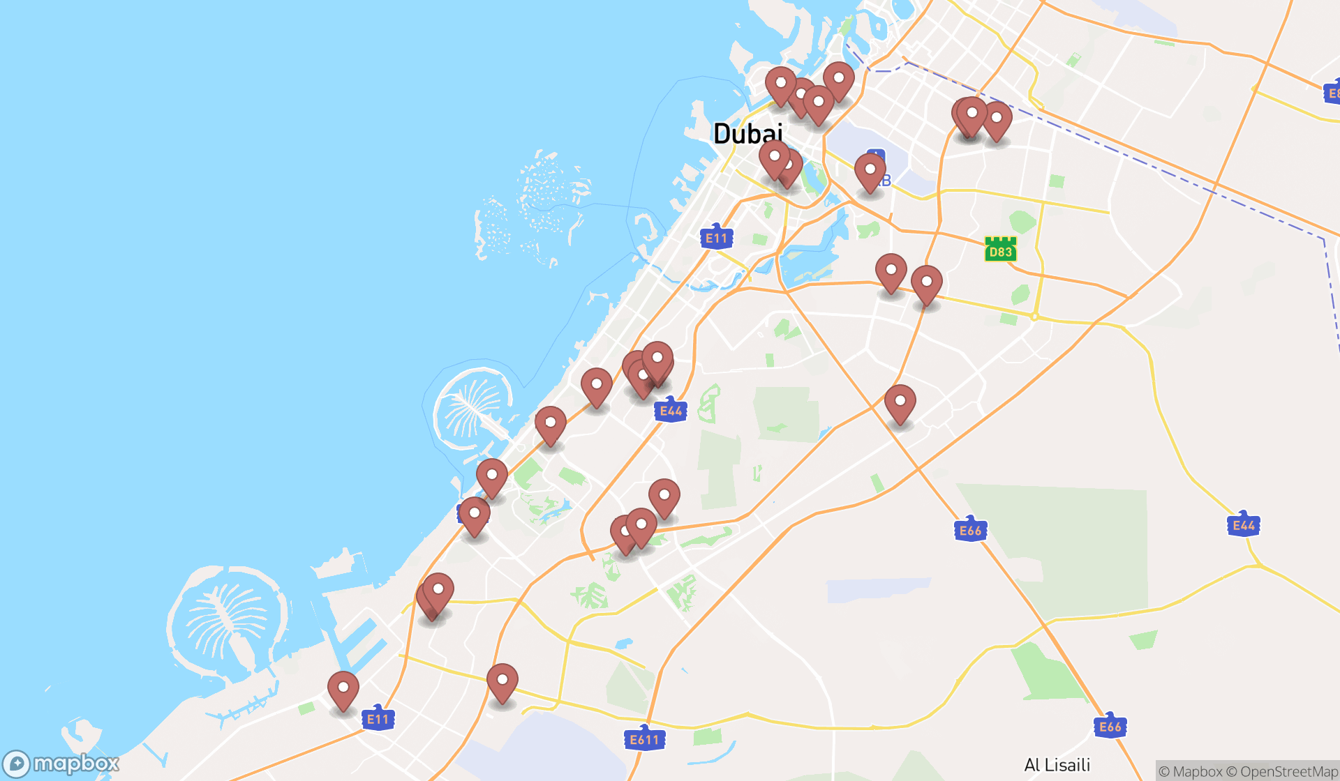 Map showing the search results in Dubai