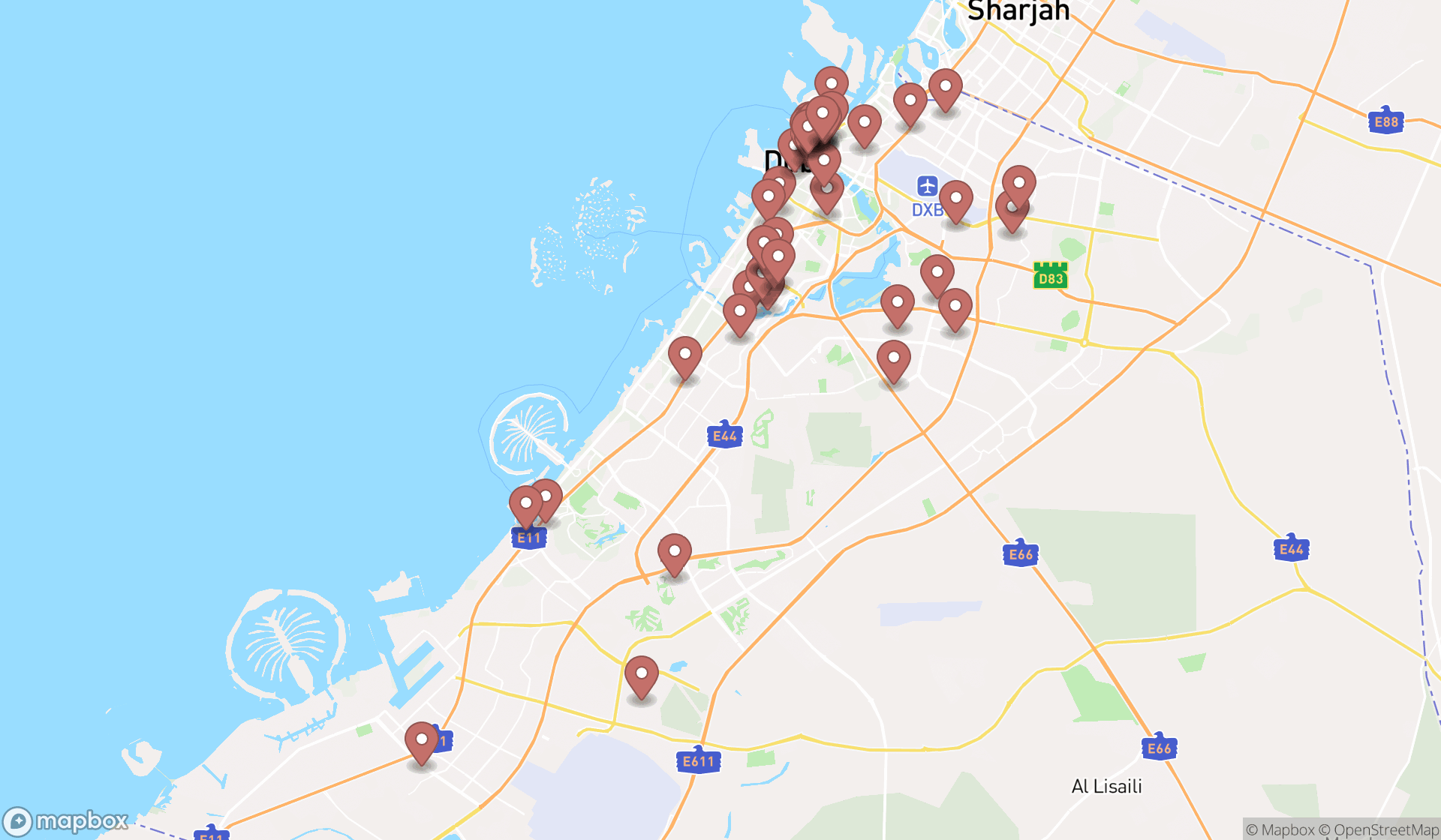 Map showing the search results in Dubai