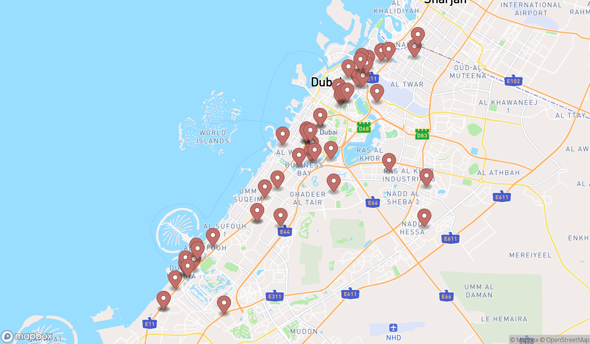 Map showing the search results in Dubai