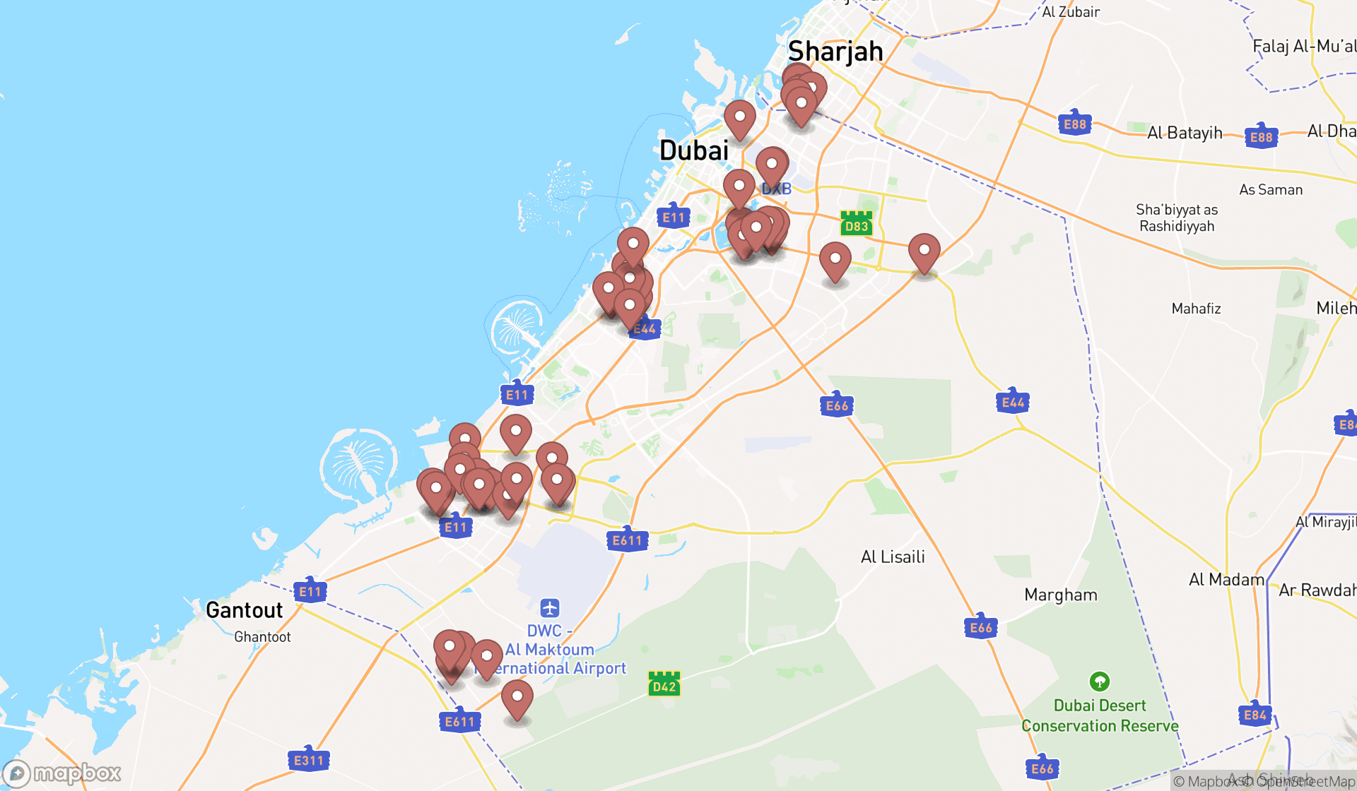 Map showing the search results in Dubai