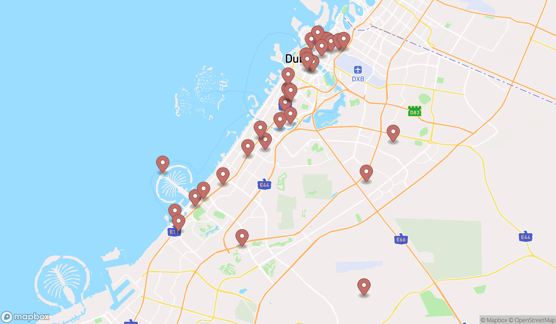 Map showing the search results in Dubai