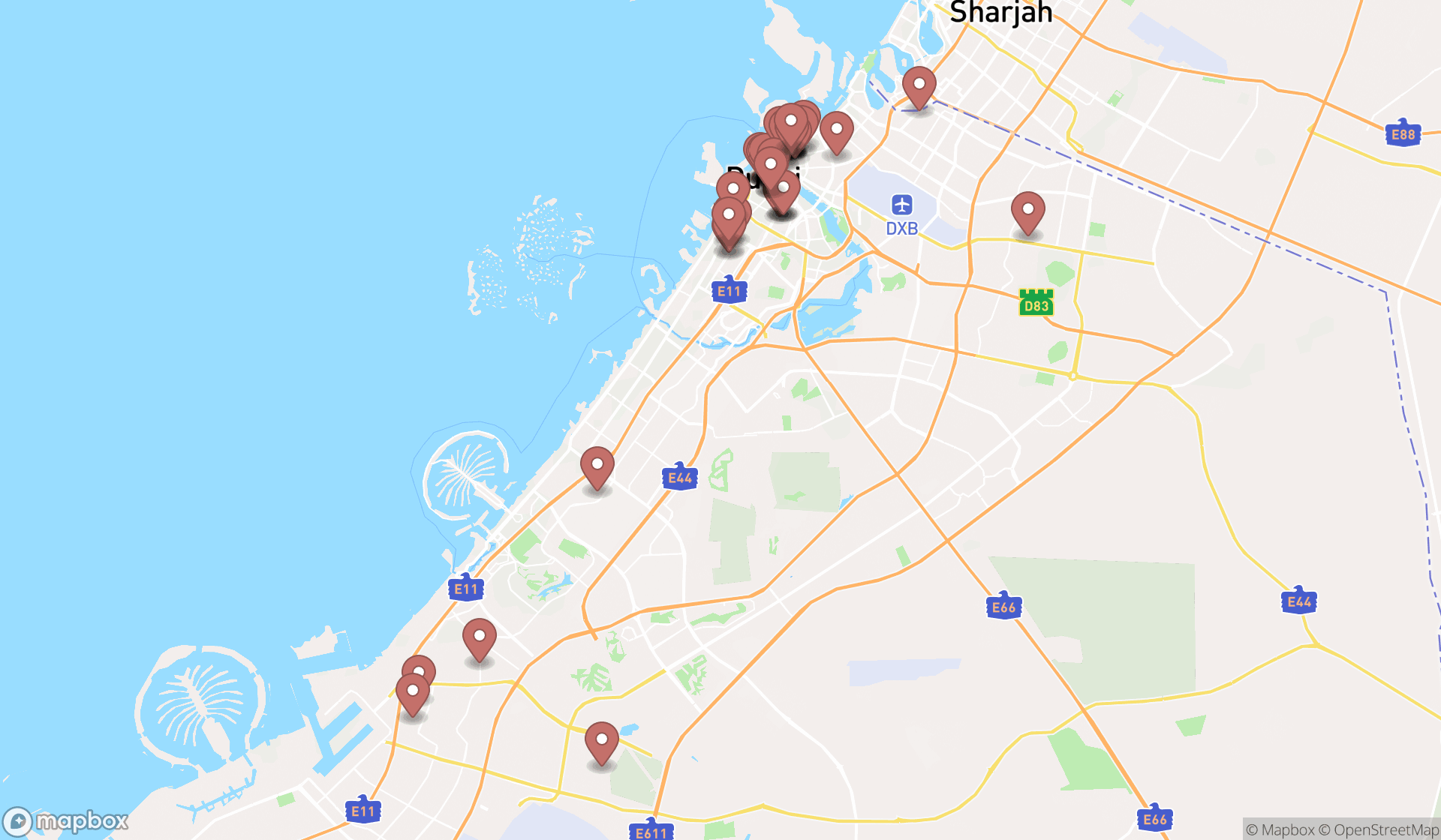 Map showing the search results in Dubai