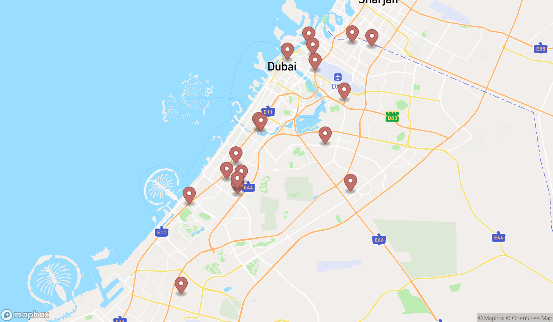 Map showing the search results in Dubai