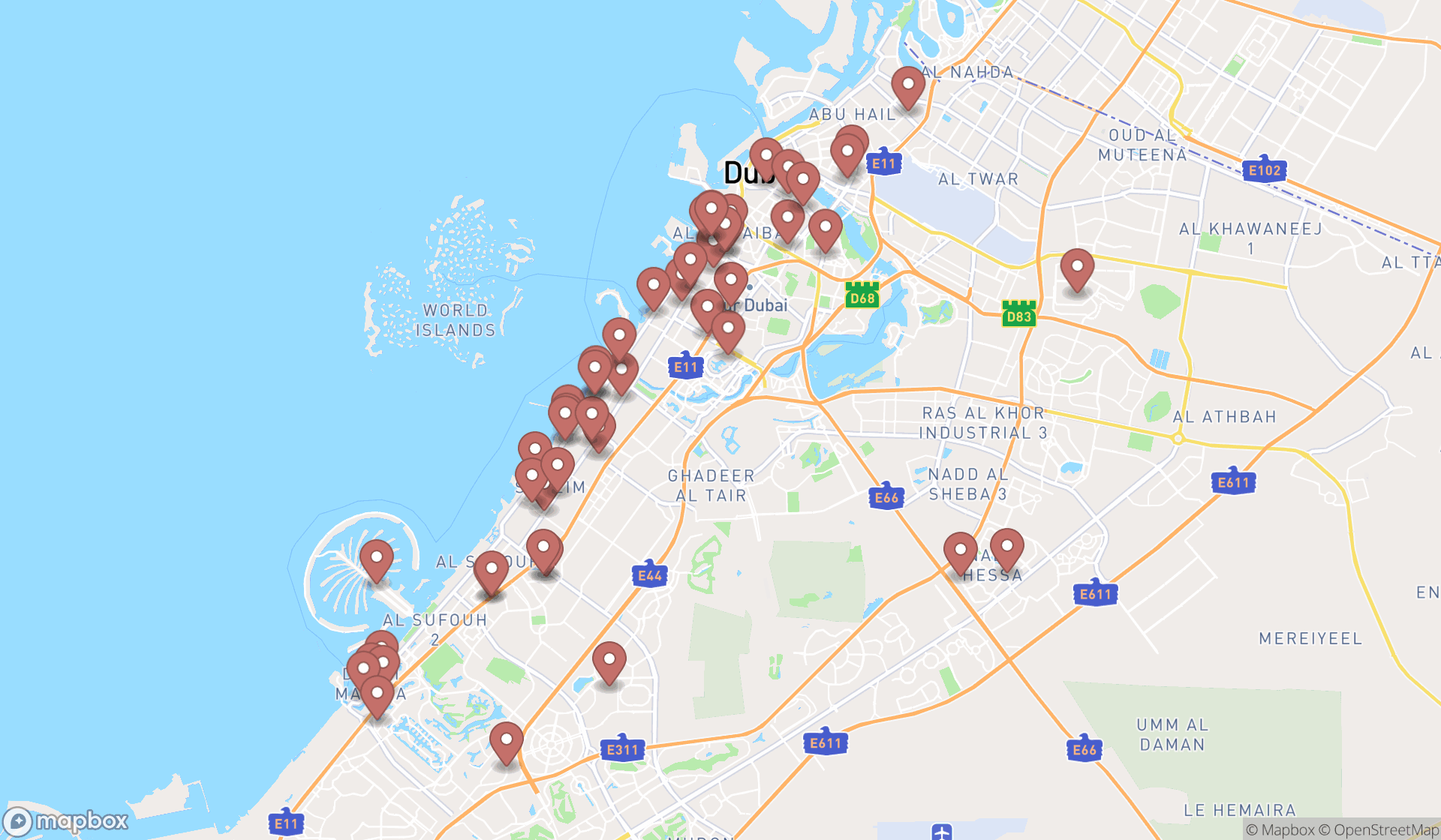 Map showing the search results in Dubai