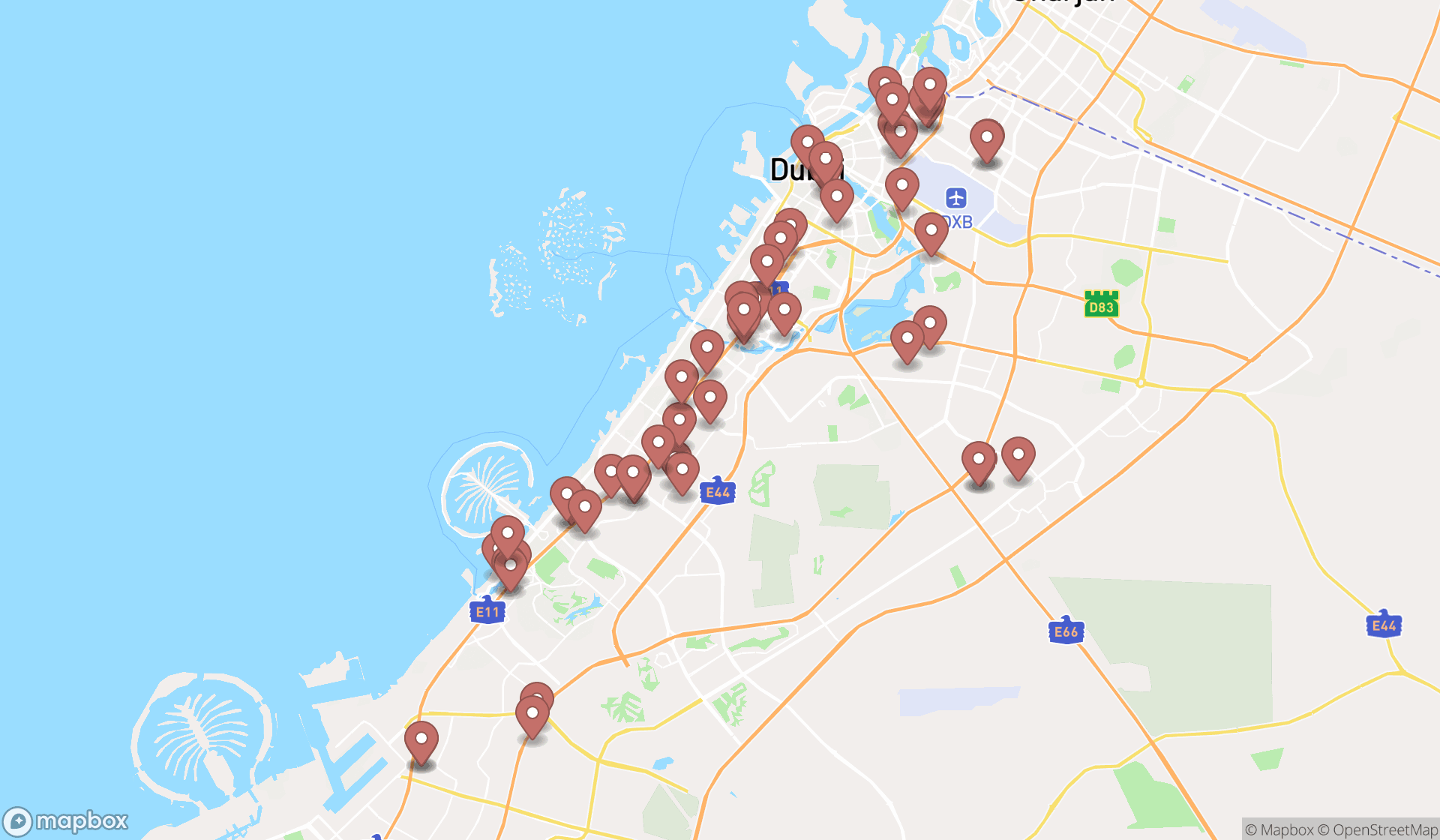 Map showing the search results in Dubai