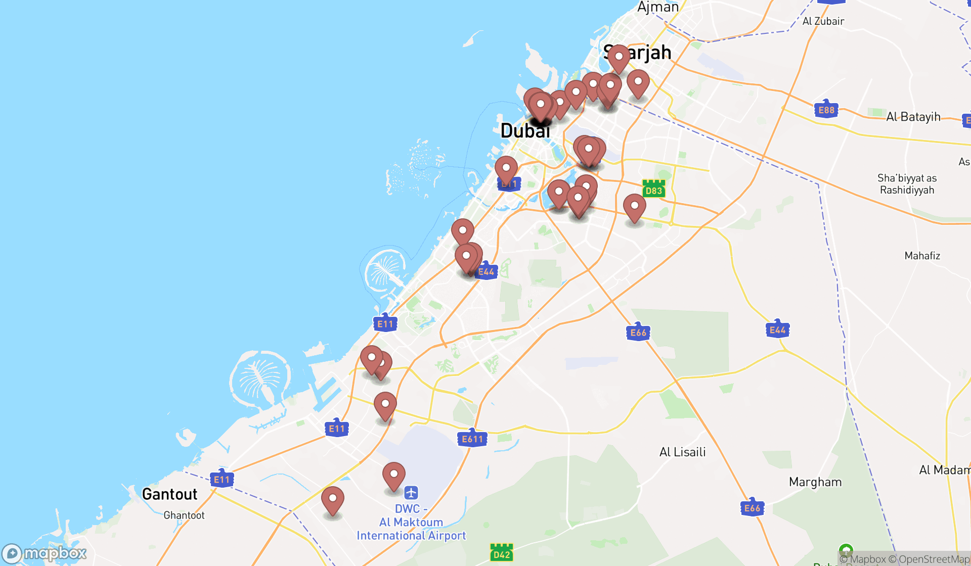 Map showing the search results in Dubai