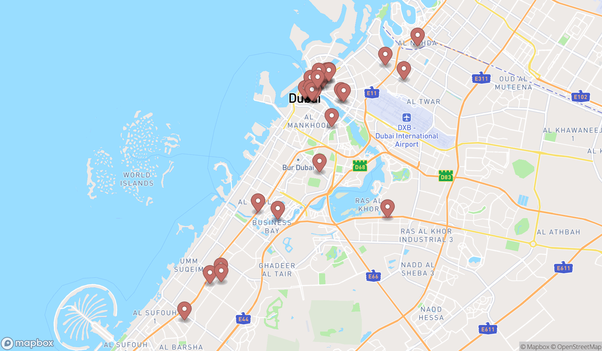 Map showing the search results in Dubai