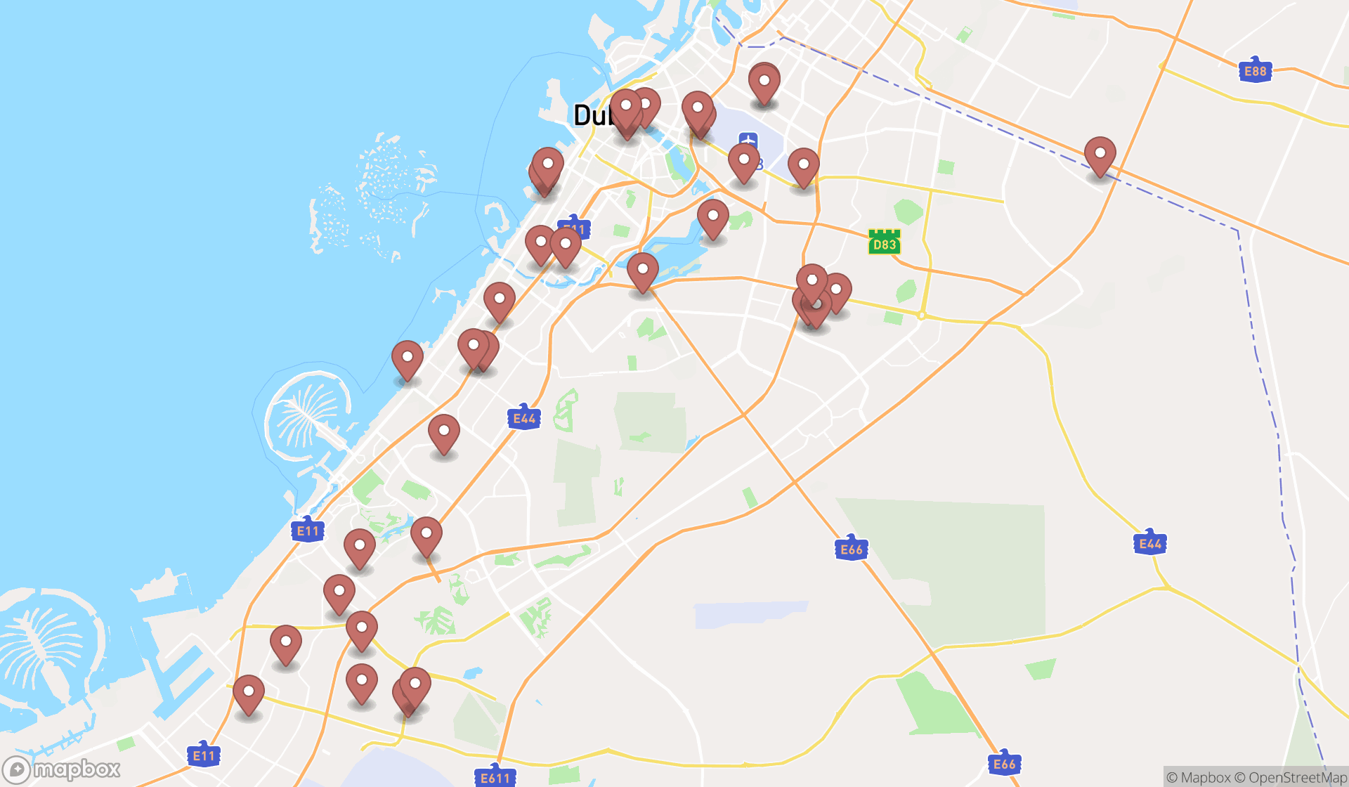 Map showing the search results in Dubai