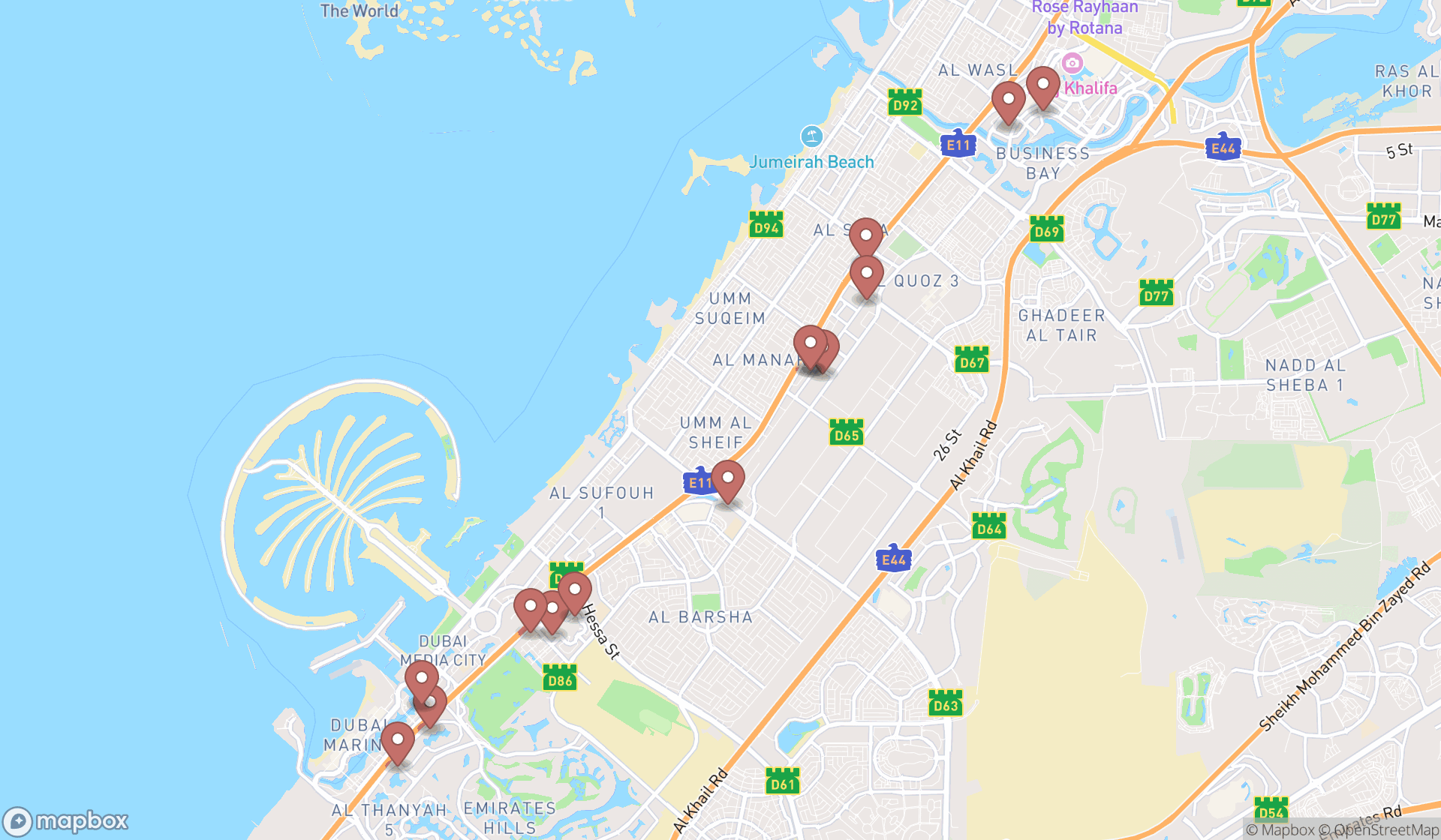 Map showing the search results in Dubai