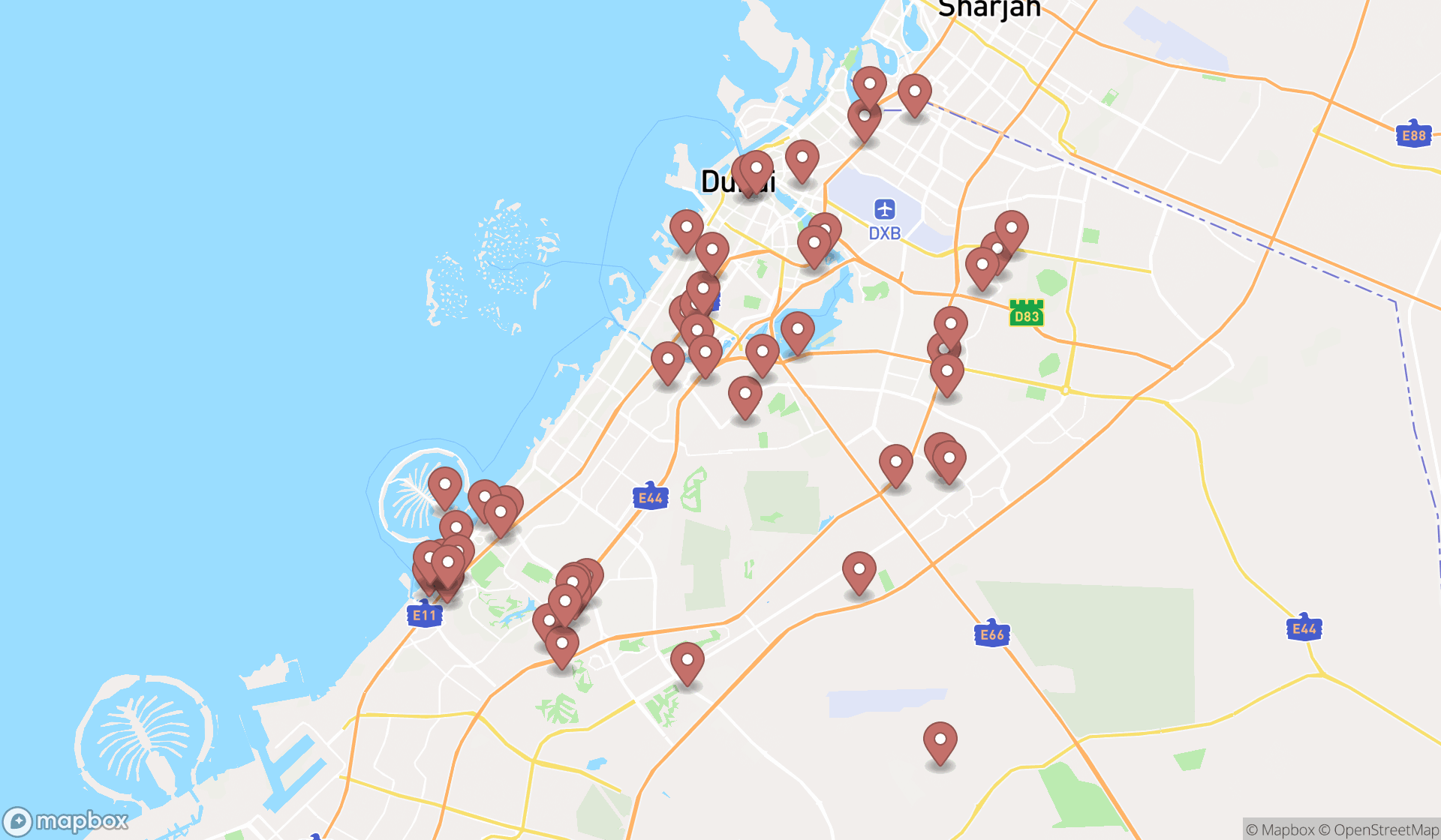 Map showing the search results in Dubai