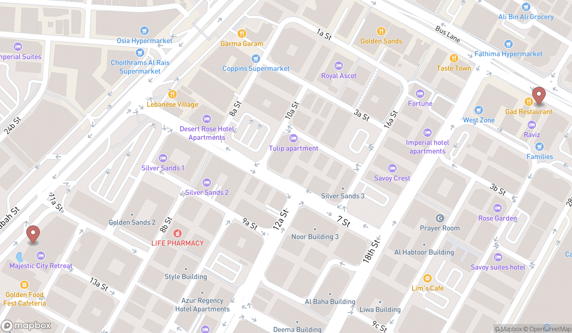 Map showing the search results in Dubai
