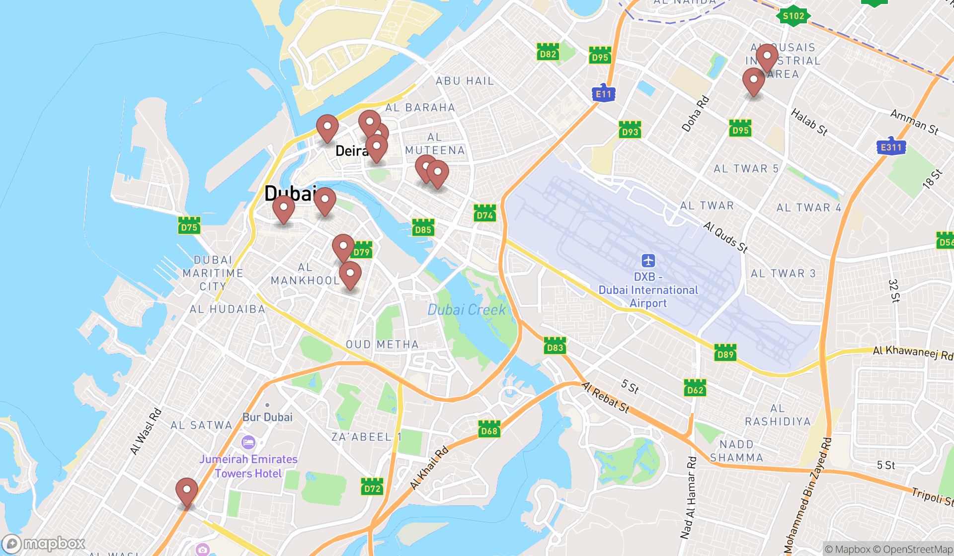 Map showing the search results in Dubai