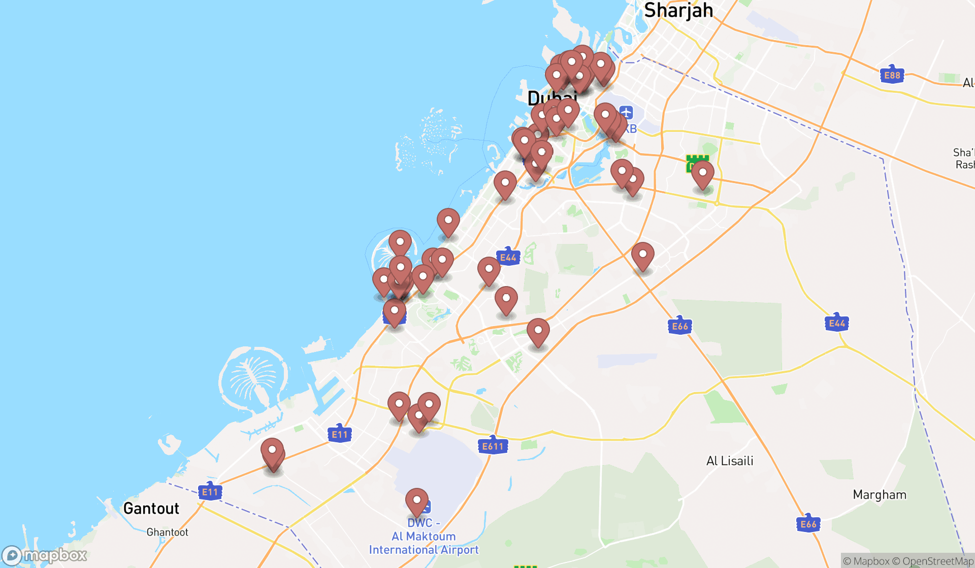 Map showing the search results in Dubai