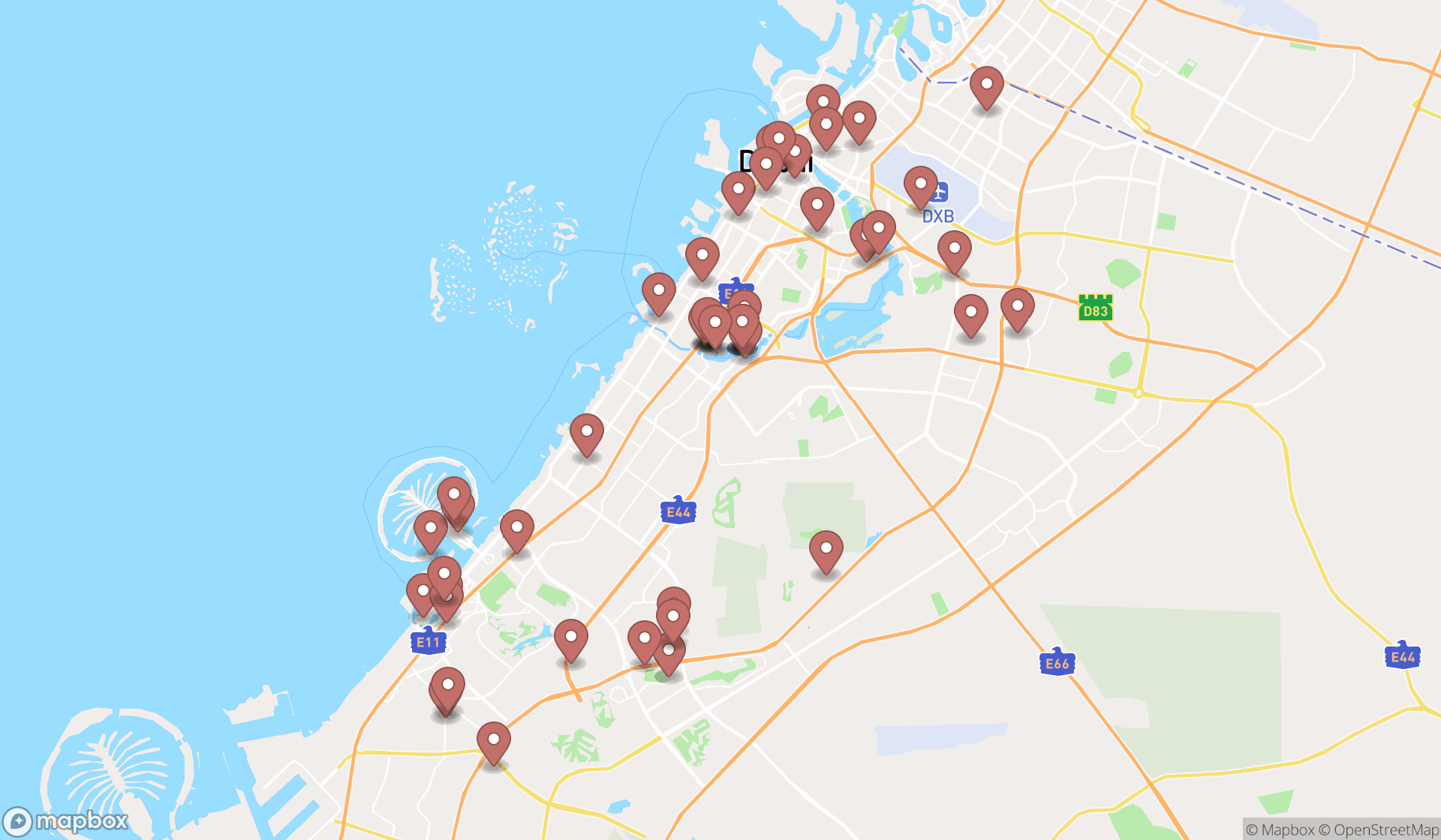 Map showing the search results in Dubai