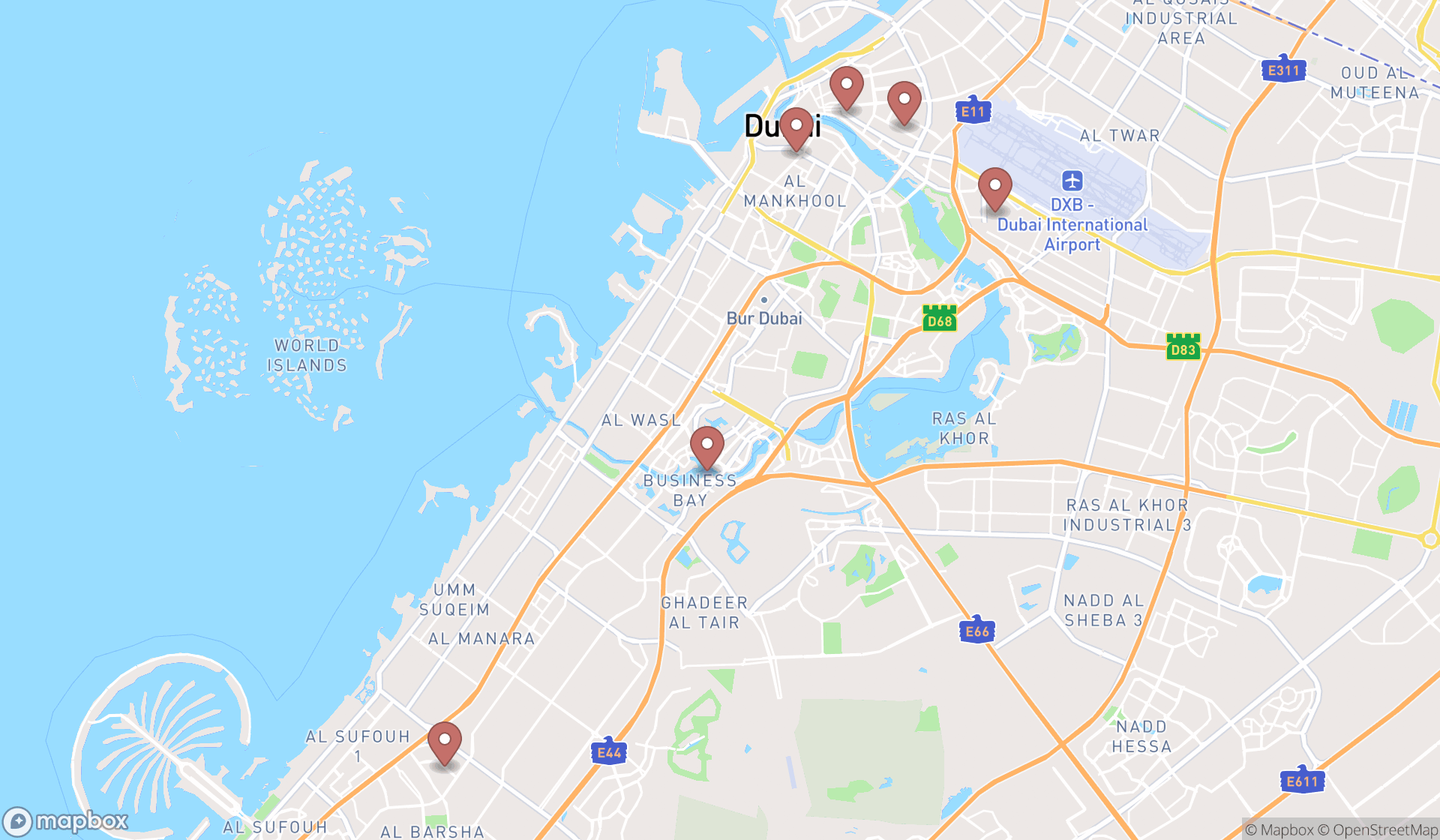 Map showing the search results in Dubai