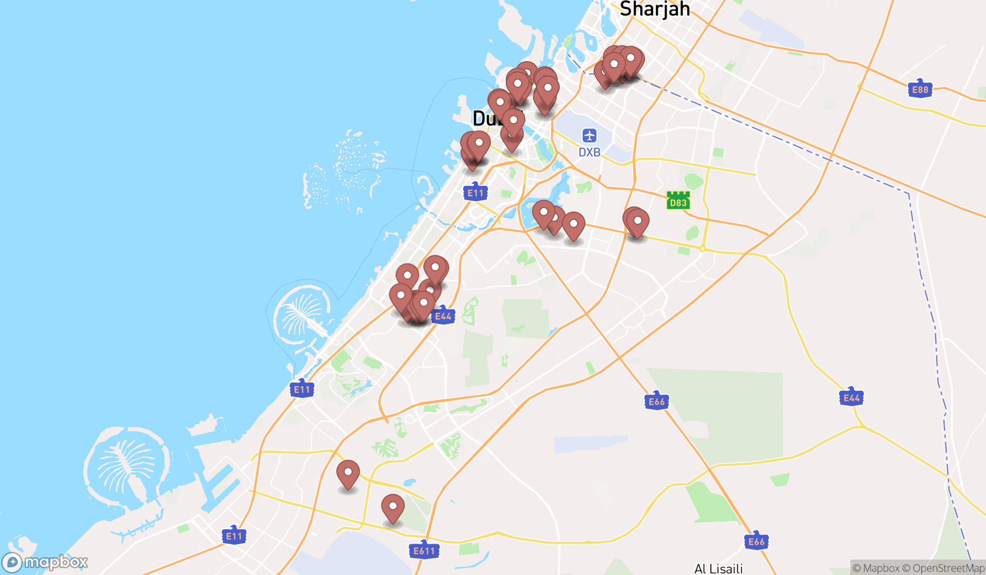 Map showing the search results in Dubai